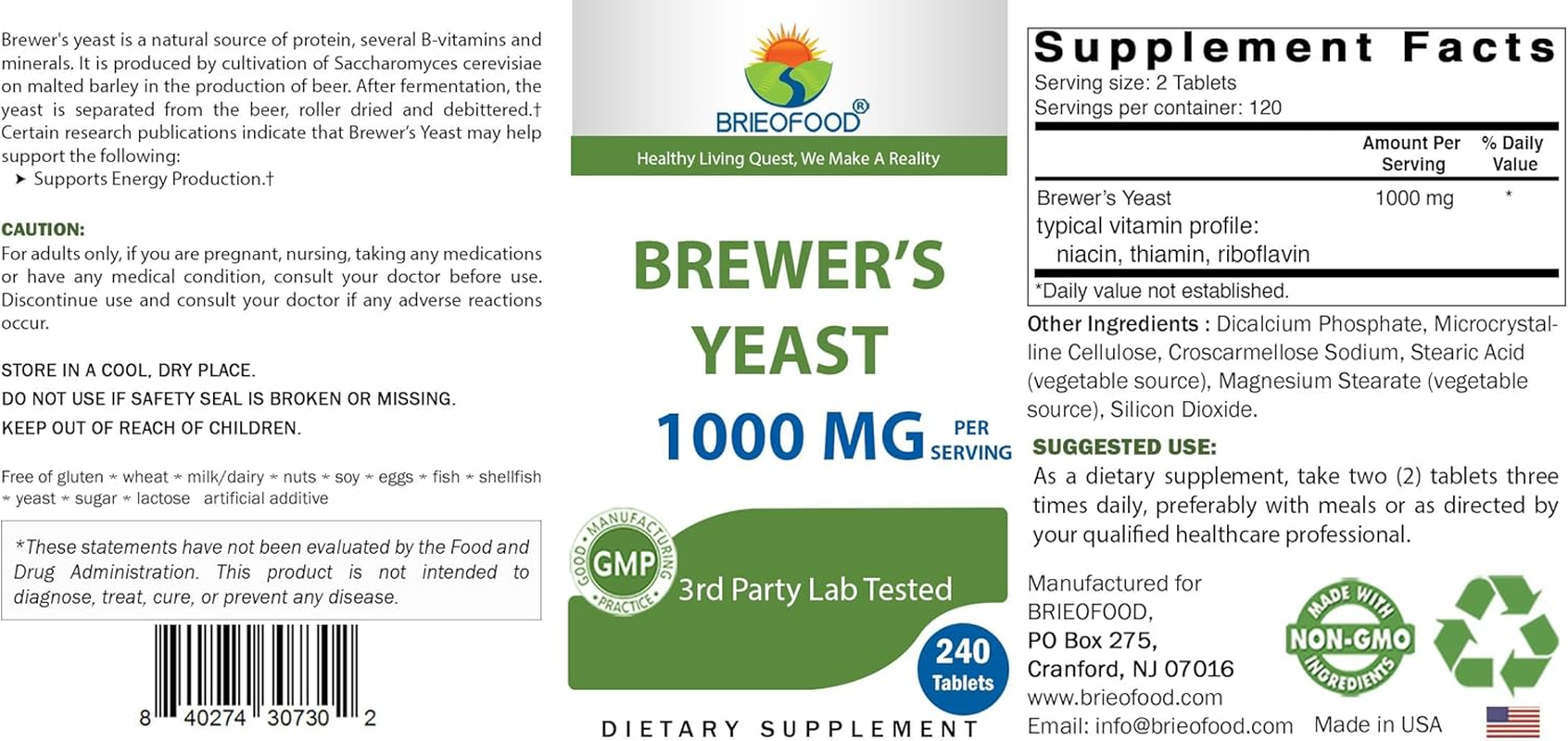 Brieofood Brewers Yeast 1000 Mg per Serving - 240 Tablets - 3Rd Party Labe Tested for Purity & Quality image number 3
