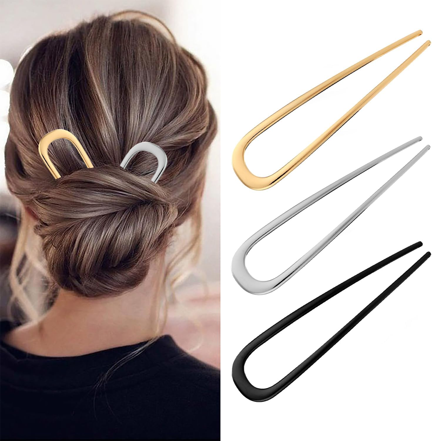 Icovalescent Pack of 3 French Hair Pin, French Twist Hair Pin, U Shaped Hair Pins Hair Sticks Hair Forks for All Hair Types of Women and Girls Styling Hair Accessories (Gold, Black and Silver) image number 3