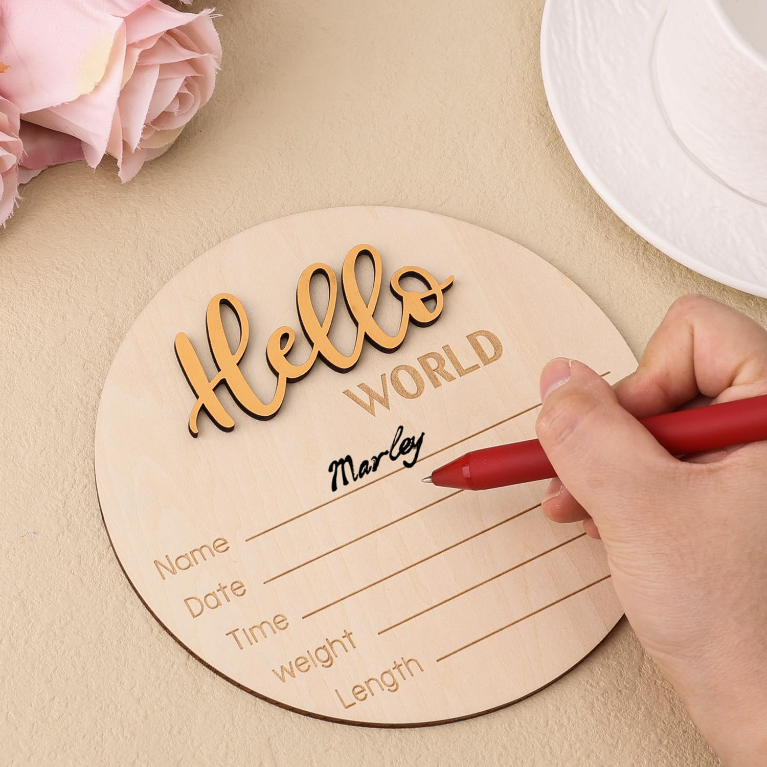 Baby Announcement Sign, 5.9 Inch Wooden Hello World Newborn Welcome Sign Birth Announcement Name Plate for Hospital Nursery (Dark Gold) image number 5