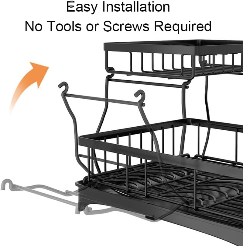 2 Tier Dish Drying Rack, Stainless Steel Dish Rack with Rotating Drainer Board, Durable Large Plate Rack with Cutlery Holder and Cup Rack for Kitchen Storage & Organisation (Black-02)