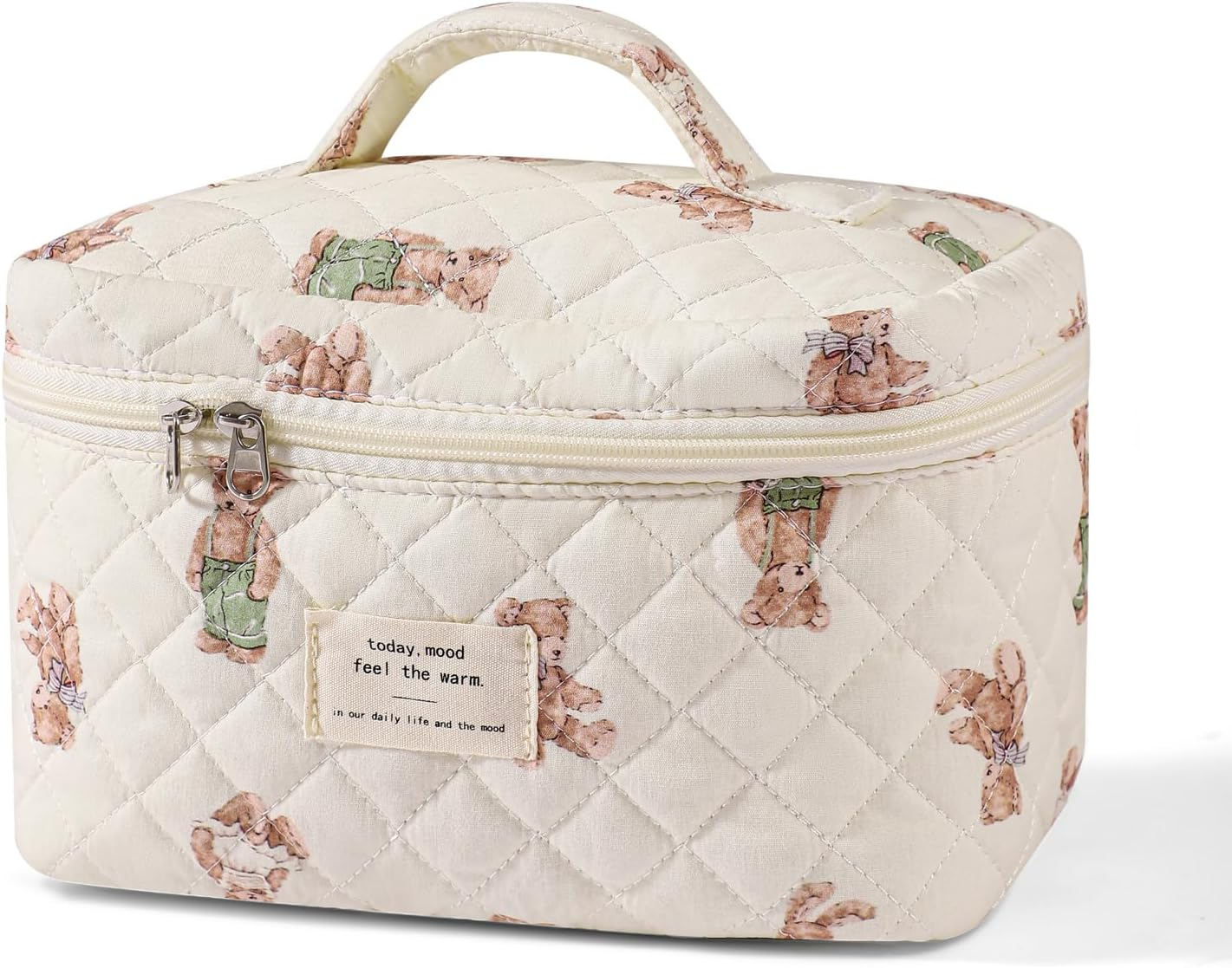 Uekeboag Large Travel Quilted Makeup Bag for Women, Floral Cotton Cosmetic Bag, Coquette Aesthetic Floral Toiletry Organizer Bag, White-Cherry, Floral Cotton