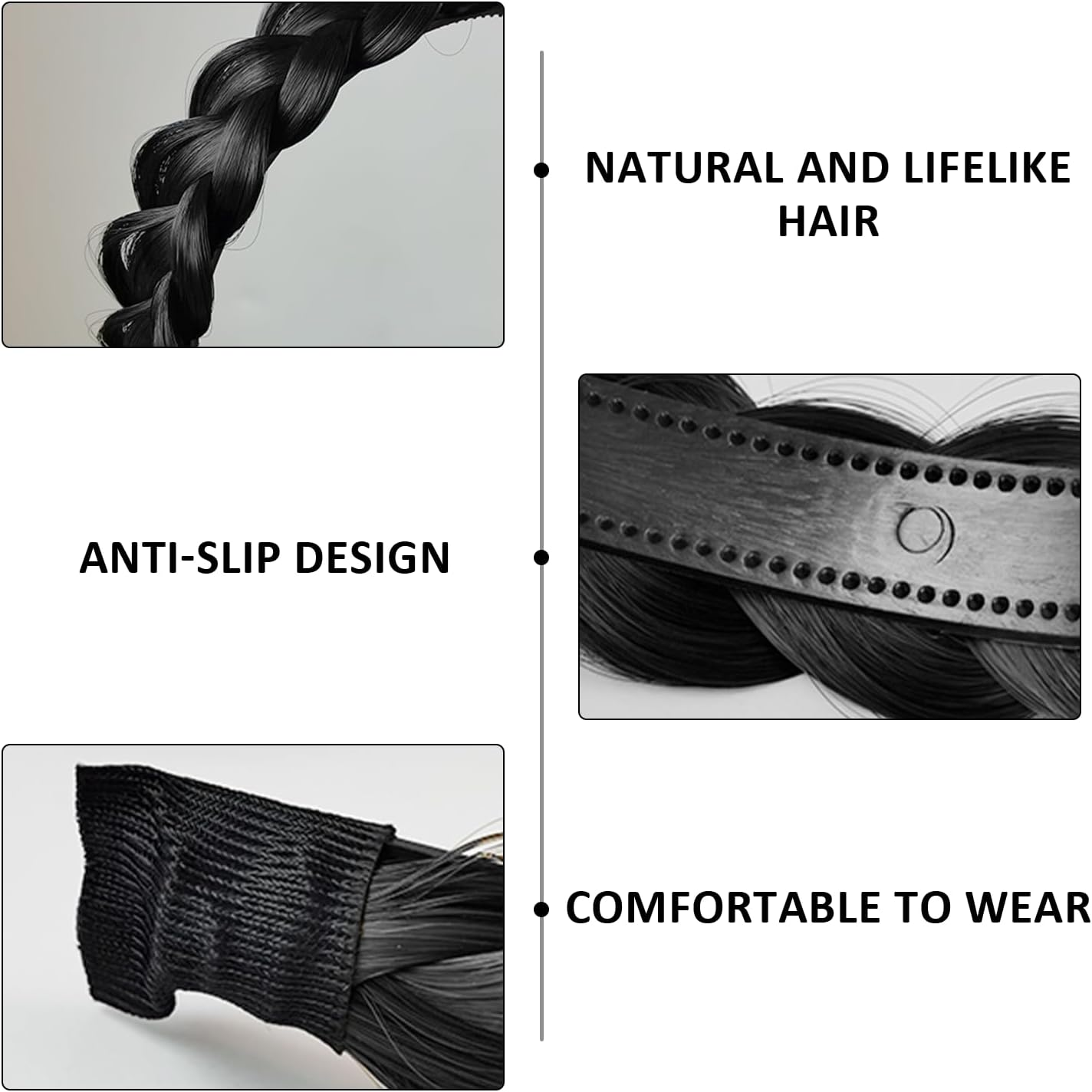 1 Piece Fluffy Braided Headband and 2 Pieces Letter Elastic Hair Accessories, Wide Padded Headband, Wig Braid Headband, Fluffy Invisible Headband (Black) image number 3