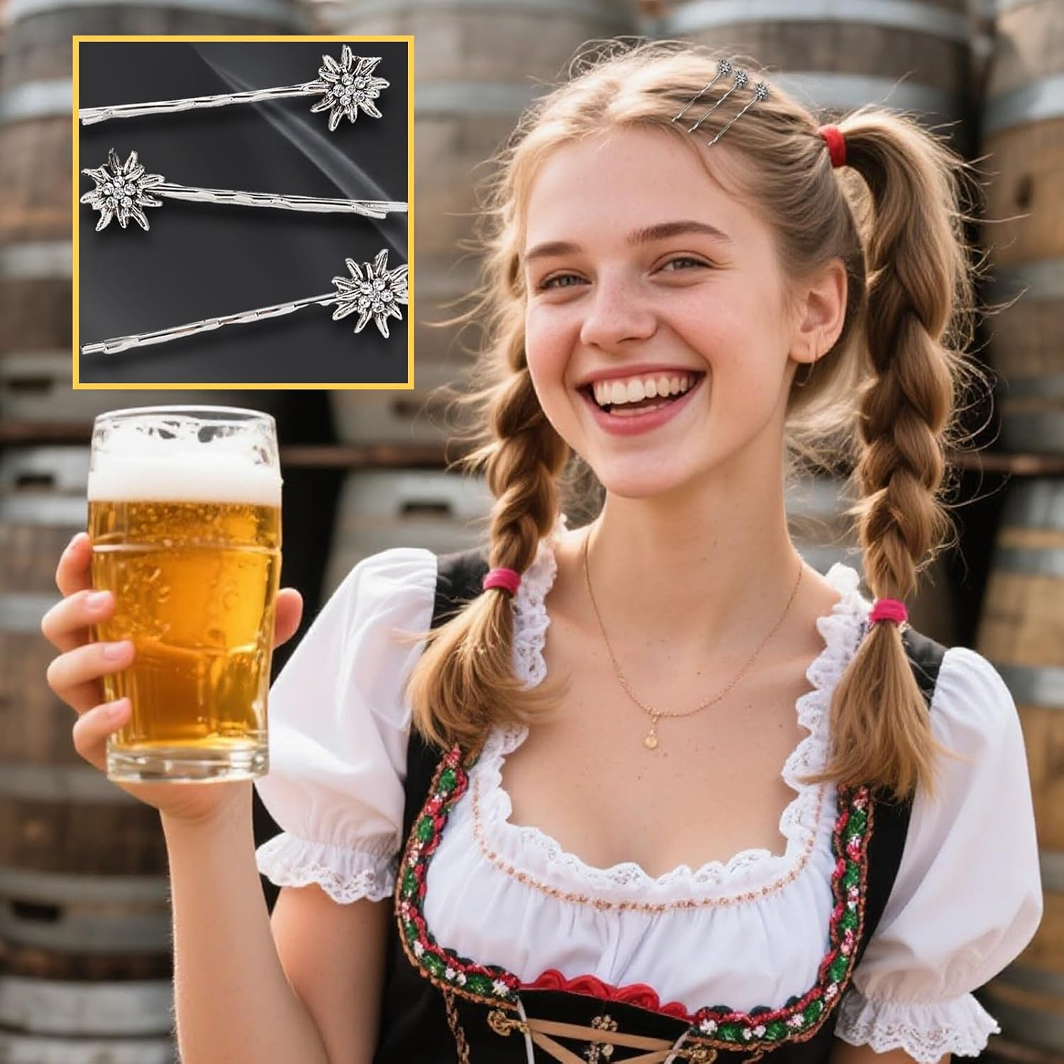 Set of 5 Traditional Rhinestone Edelweiss Hair Accessories, Silver, Hair Clips, Rhinestone Edelweiss Set of 6, Elegant Wavy Shape Hair Clips, Spring Clips for Bavarian Beer Festival, Dirndl Jewellery image number 4