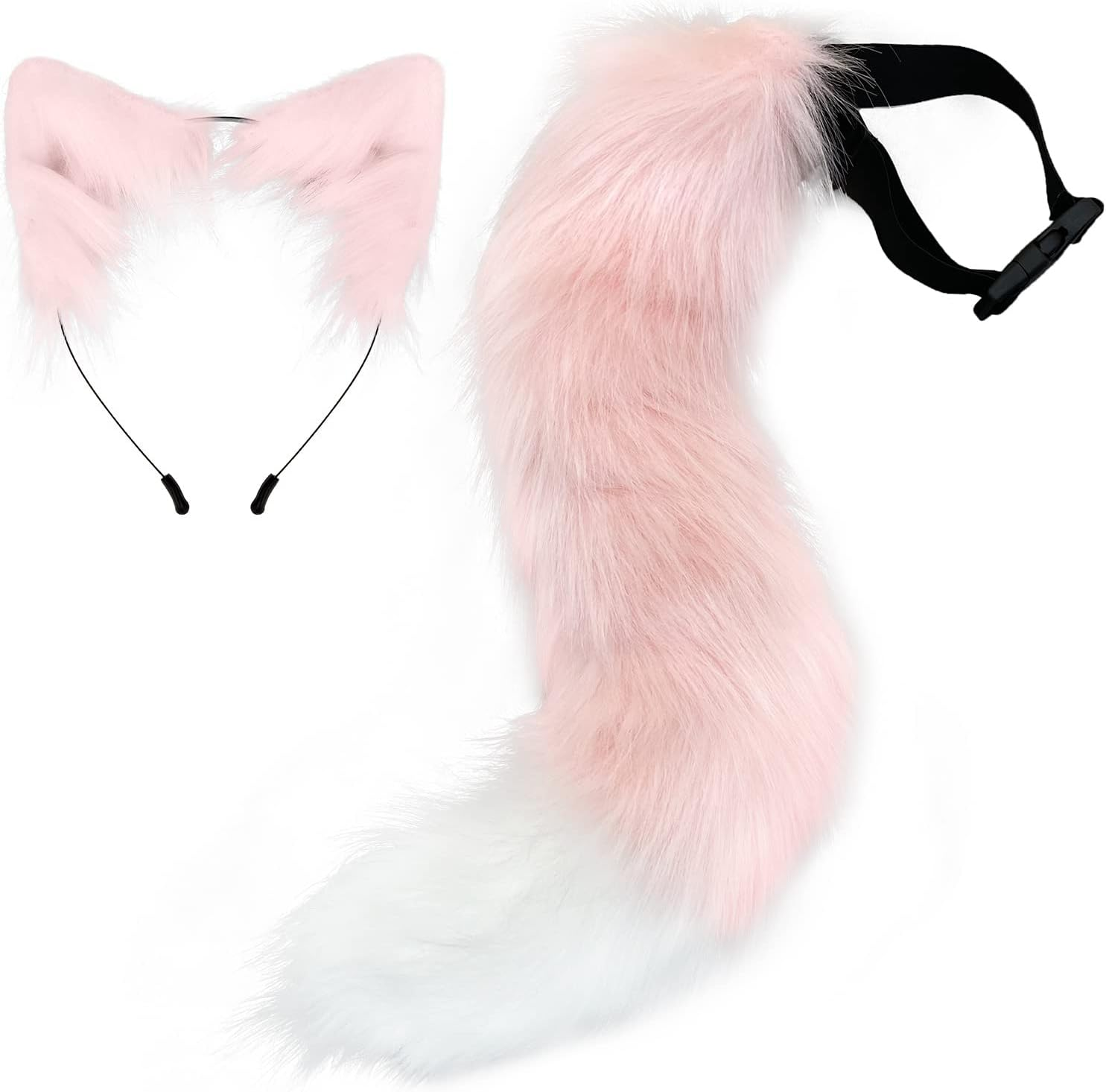 Cat Ears Headband Wolf Fox Tail Set Handmade Animal Cosplay Costume Faux Fur Headdress Party Accessories(Pink)