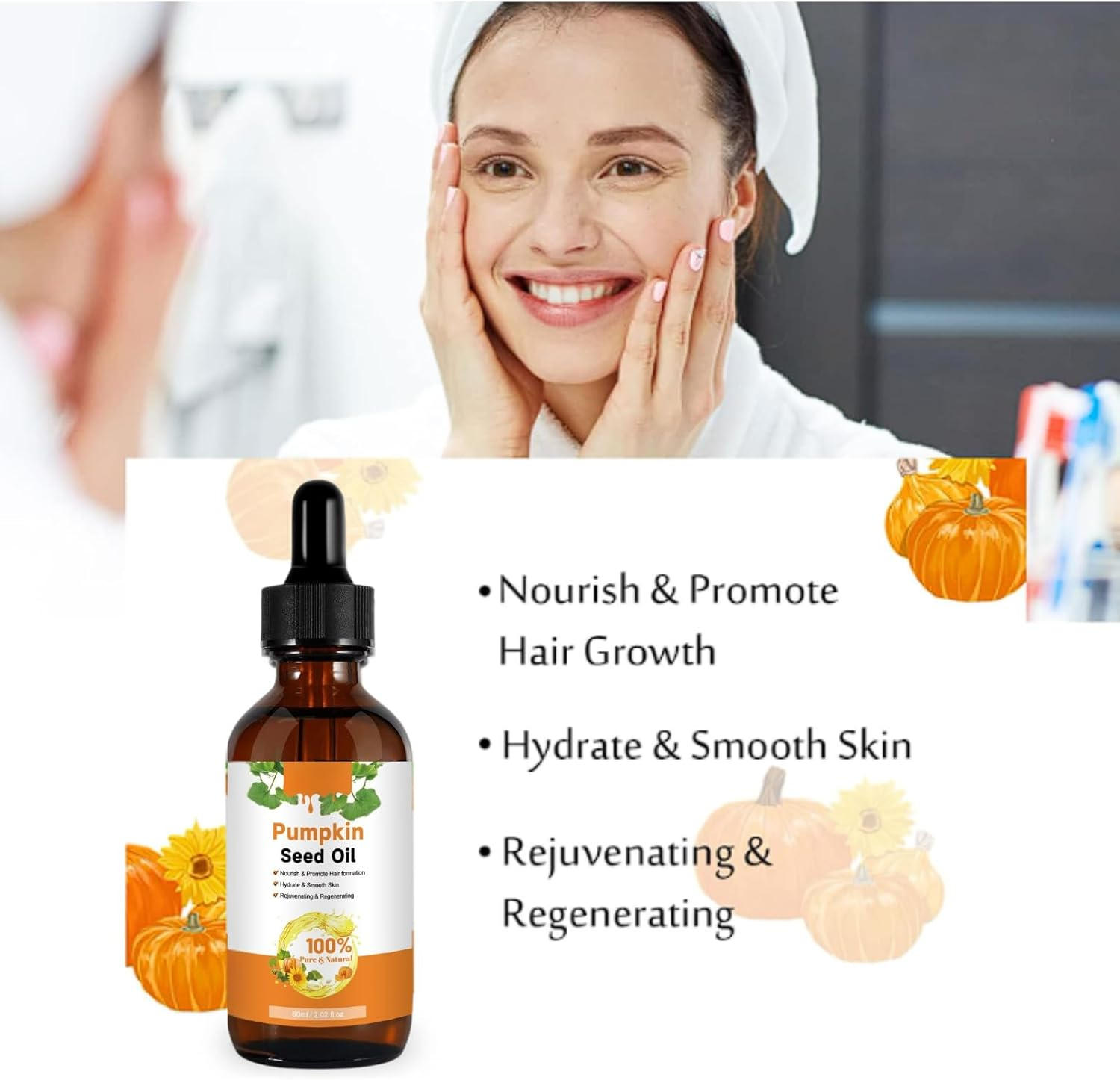 Pumpkin Seed Oil for Hair Growth & Skin Care, 100% Pure Organic Cold Pressed Pumpkin Seed Oil, Natural Moisturizing & Nourishing Hair Care Oil for Scalp, Face, Nails, and Body 60Ml (4Pcs) - 1Pcs image number 3