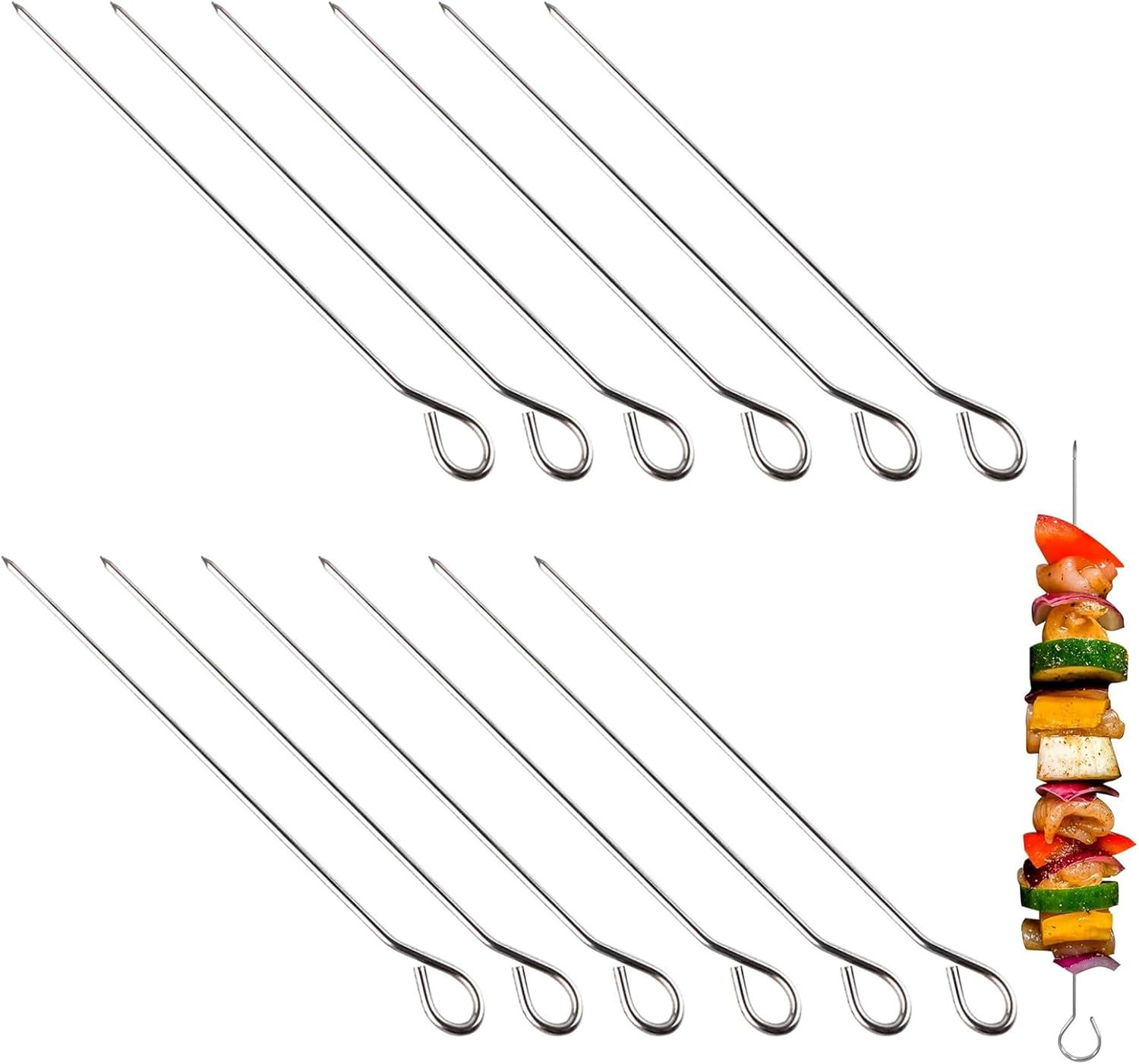 12 Pcs Stainless Steel BBQ Skewers, Heavy Duty Metal Skewers for Grilling, Shish Kebab, Shrimp, Rust-Proof Barbecue Needle, Reusable, Rust-Proof, Dishwasher Safe Barbecue Accessories (30CM)