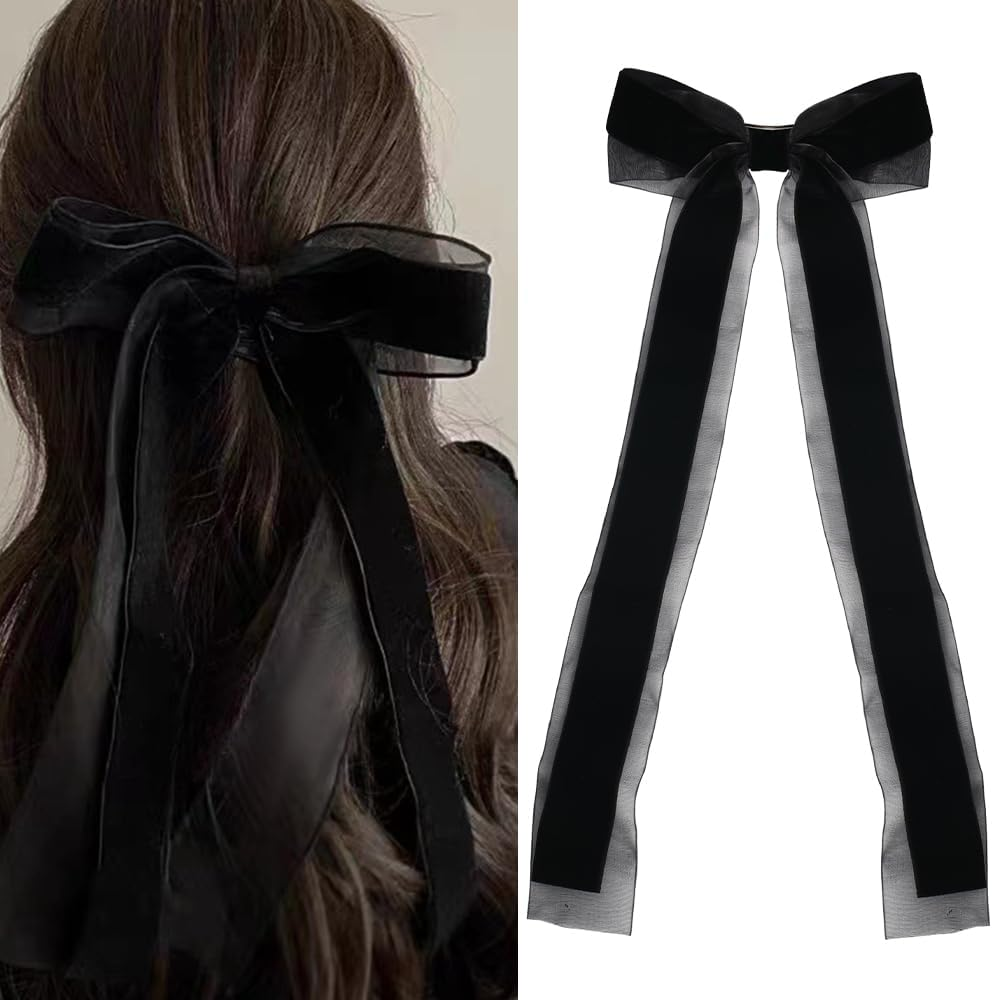 Bow Clips Black Ribbons for Women Girls Mesh Velvet Bows Hair Accessories Ribbon Bowknot Barrettes Long French Clip image number 5