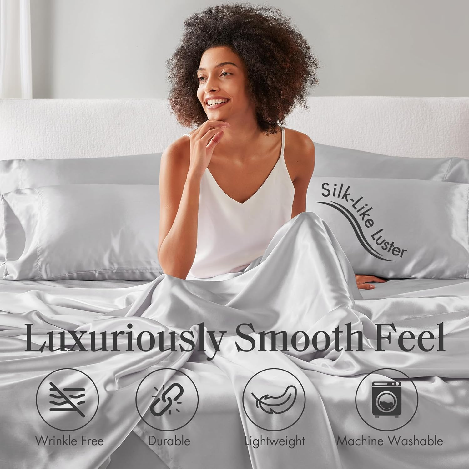 Madison Park Essentials Satin Sheet Set Luxury and Silky with Natural Sheen, Elastic 14" Pocket Fits up to 16" Mattress, All around Elastic - Year-Round Bedding, Queen, Light Grey, 6 Piece image number 5