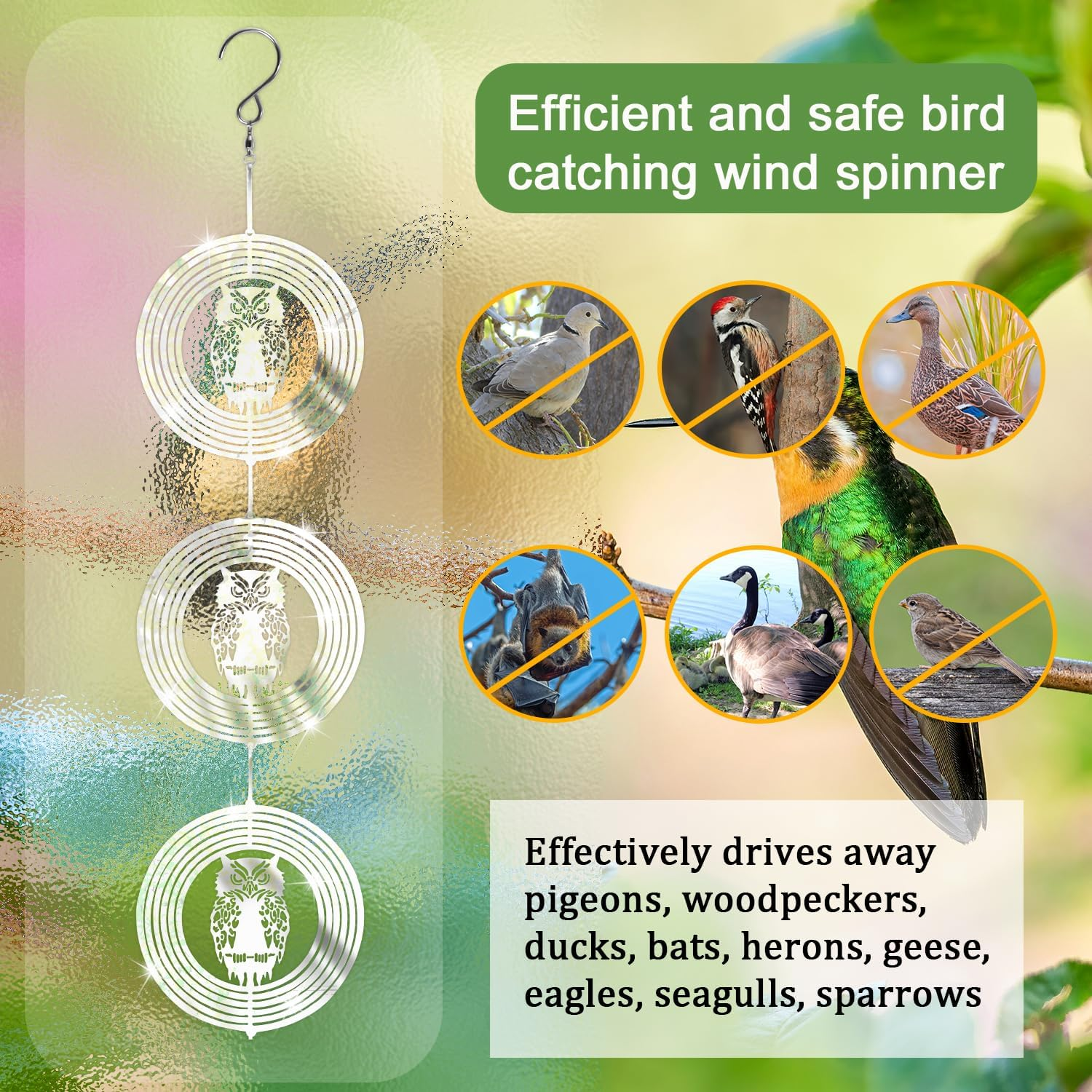 3Pcs Owl Bird Bird Reflective Discs Set, Stainless Steel Disc Highly Reflective Double-Sided Bird Reflectors Metal Wind Spinner Birds Away from Garden Yard Decor image number 5