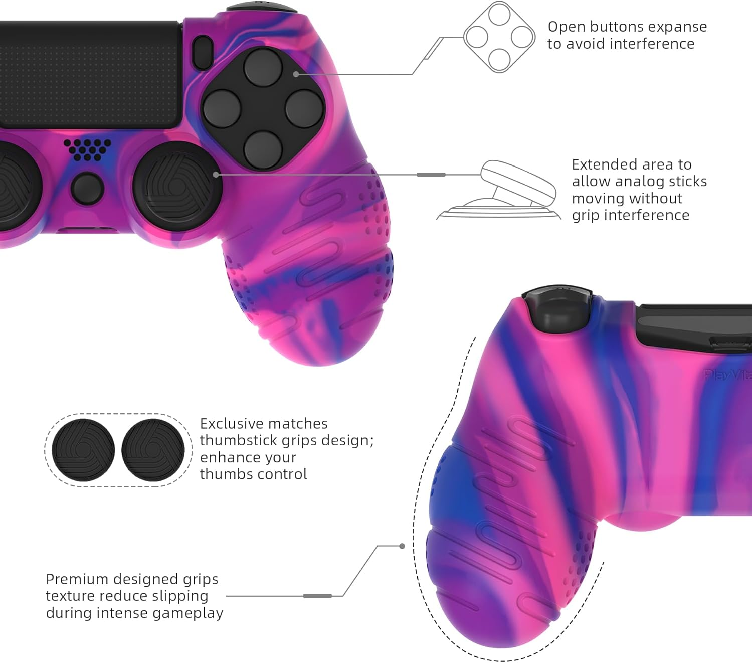 Playvital Line & Dot Pink & Purple & Blue Silicone Cover Skin for Ps4 Controller, Anti-Slip Soft Protector Case Cover with Thumb Grip Caps image number 6