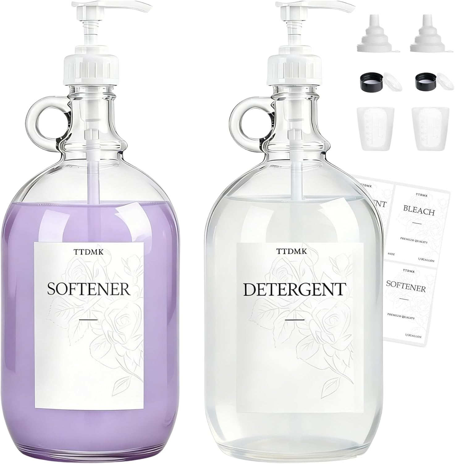 2 Pcs Glass Laundry Detergent Dispenser, Half Gallon Liquid Laundry Soap Dispenser for Laundry Room (64 Oz. Each), Laundry Detergent Bottles with Pump Dispenser -Includes Labels, Funnel, Measuring Cup image number 2