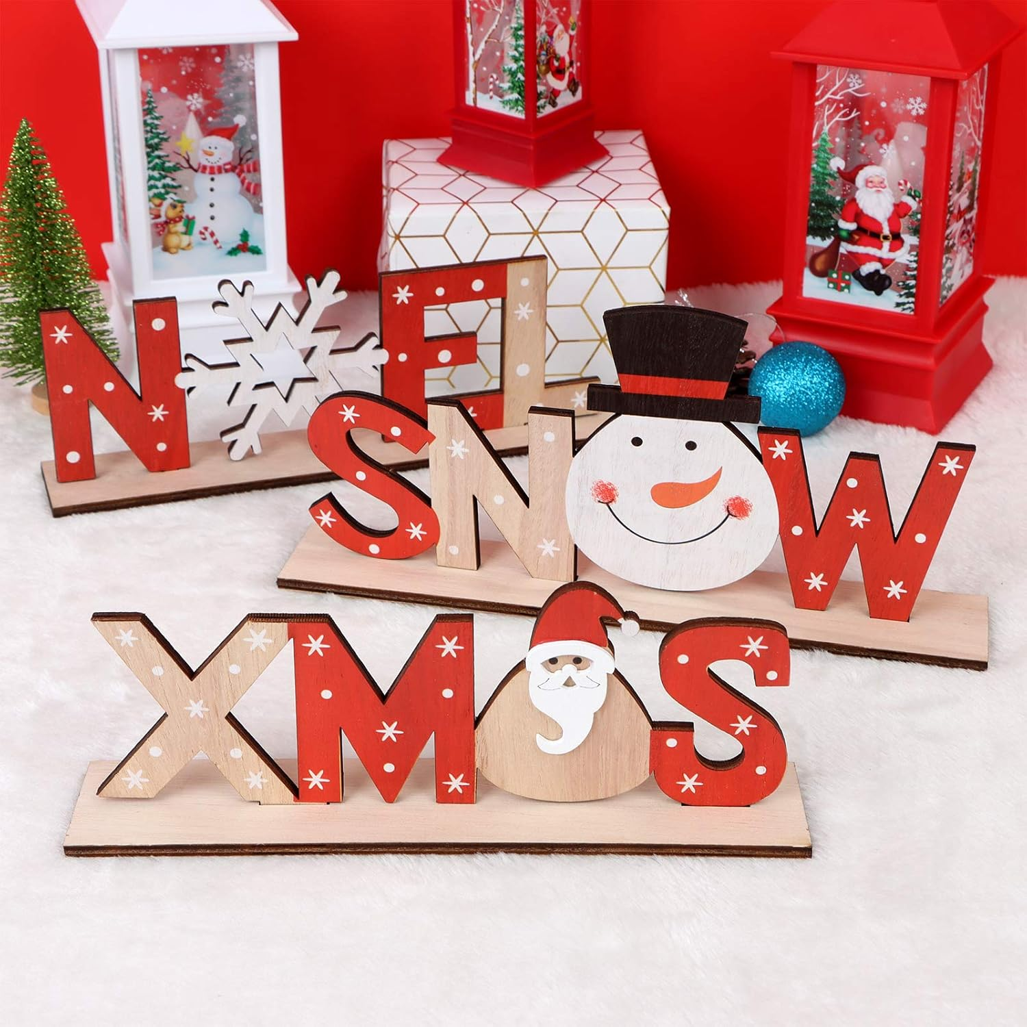 Set of 5 Christmas Table Decorations for Dinner Party Xmas Desktop, Wooden Display Santa Snowman Noel for Home Restaurant Cafe Table Decoration Merry Christmas Holidays Centrepiece image number 3