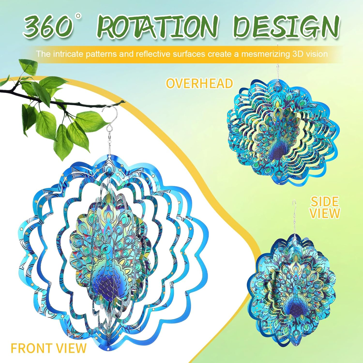 Metal Wind Spinners, Peacock Stainless Steel 3D Hanging Wind Spinners, 12 Inch Laser Cut Wind Sculptures for Women Gift, Indoor/Outdoor Decor, Yard Art Decorations (Peacock)