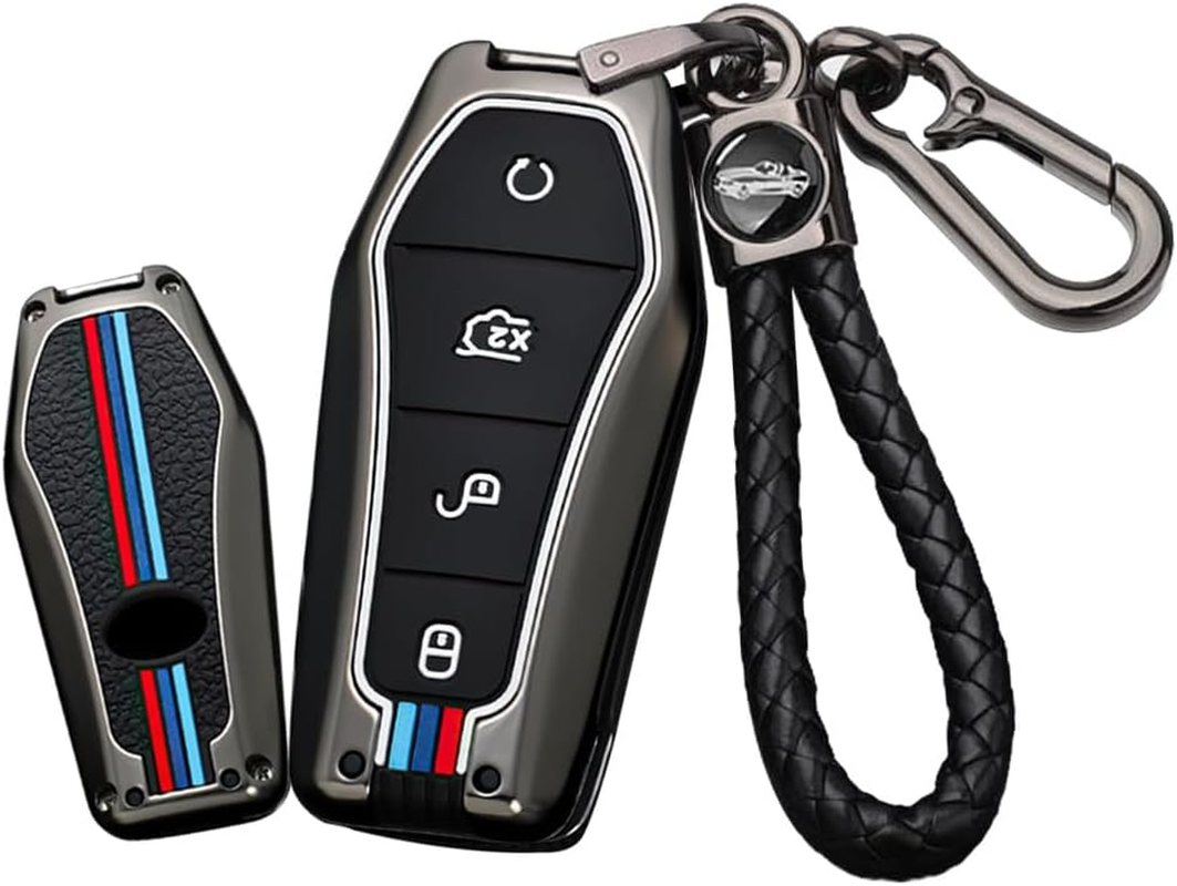 Ontto Metal Car Key Fob Cover Fit for BYD Song Qin Han EV Tang DM Plusdmi Atto 3 Han EV Dolphin 2018-2022 Smart Key Case Keyring Silicone Key Shell Holder Bag Keychain Accessories 4 Button Black B