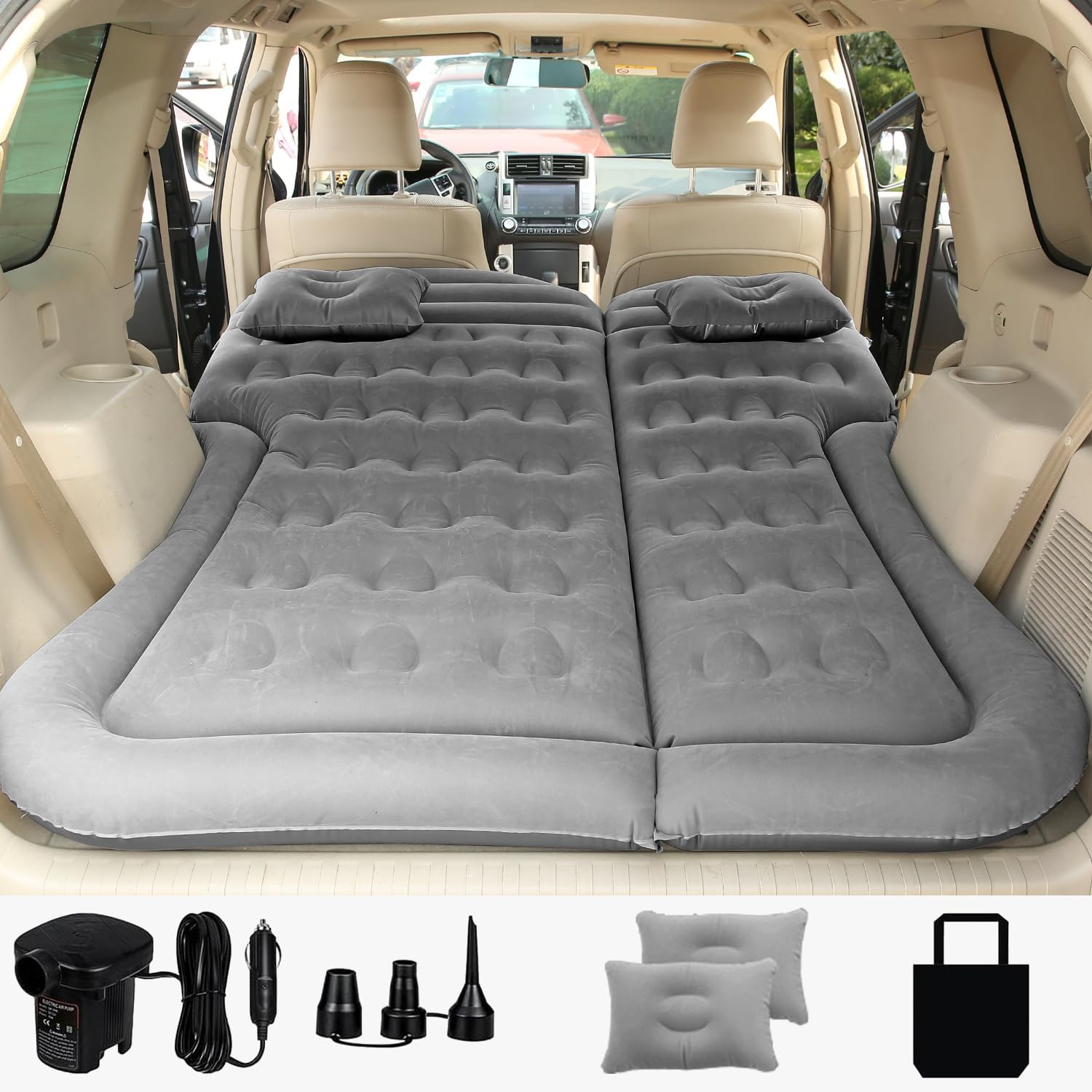 SAYGOGO SUV Air Mattress Camping Bed Cushion Pillow - Inflatable Thickened Car Air Bed with Air Pump Portable Sleeping Pad Mattress for Home Car Travel Camping Upgraded Version - Grey