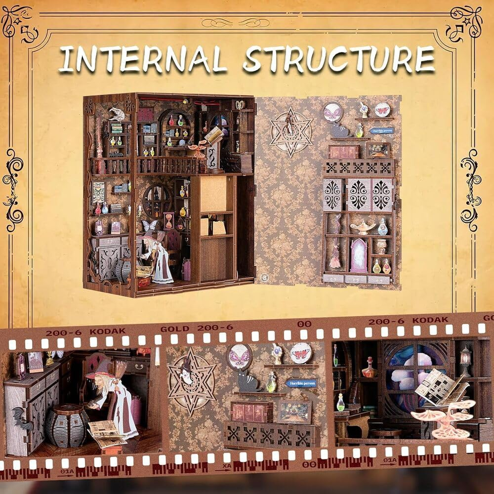 Book Nook Kit, DIY Miniature, Dollhouse Booknook Kit with Led Light, 3D Wooden Bookshelf Puzzle Decor Gifts for Family and Friends (Magic Night) image number 1