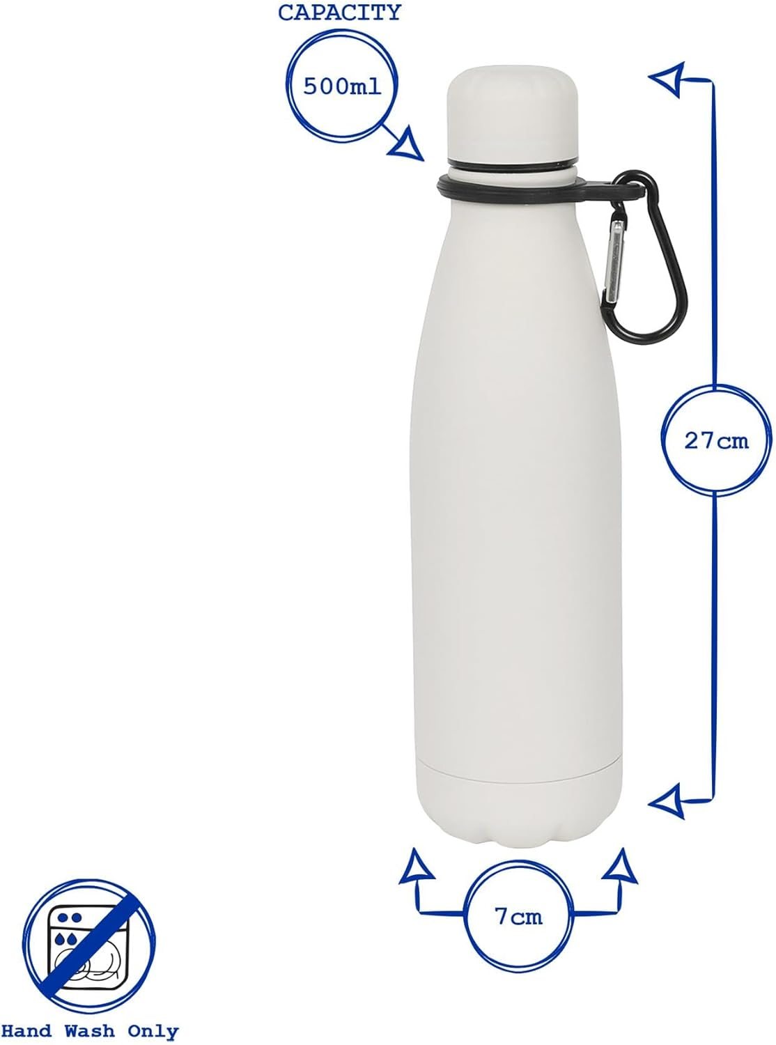 Harbour Housewares Stainless Steel Water Bottle with Carabiner Clip - 500Ml - Matt White - 1X Metal Cold Drink Drinking Vacuum Drinks Flask with Leak Proof Lid for Adults & Kids Gym, Sports, Travel image number 4