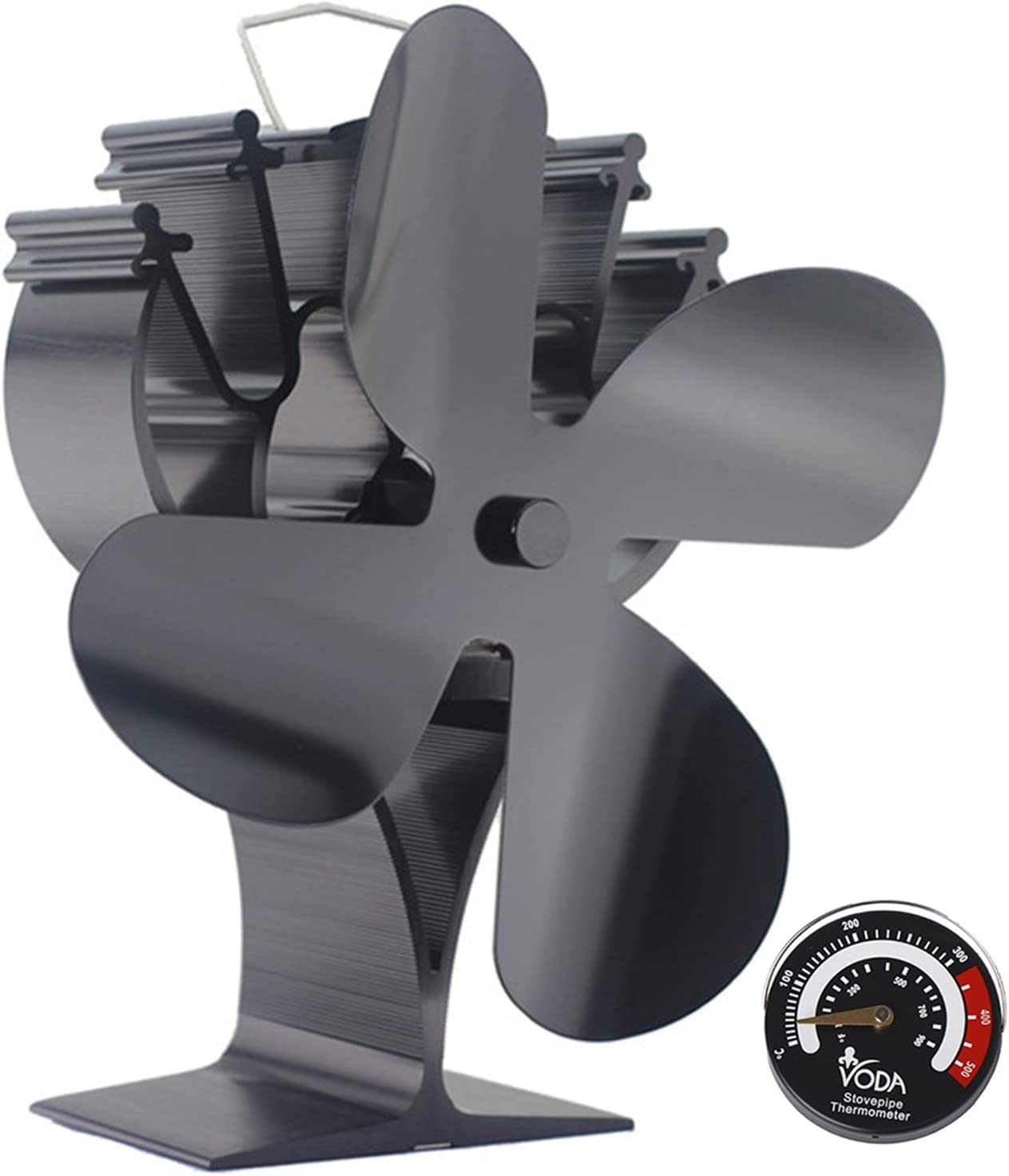 VODA Newly Upgrade 4 Blades Heat Powered Stove Eco Fan with Magnetic Thermometer for Wood Log Burner Fireplace image number 4