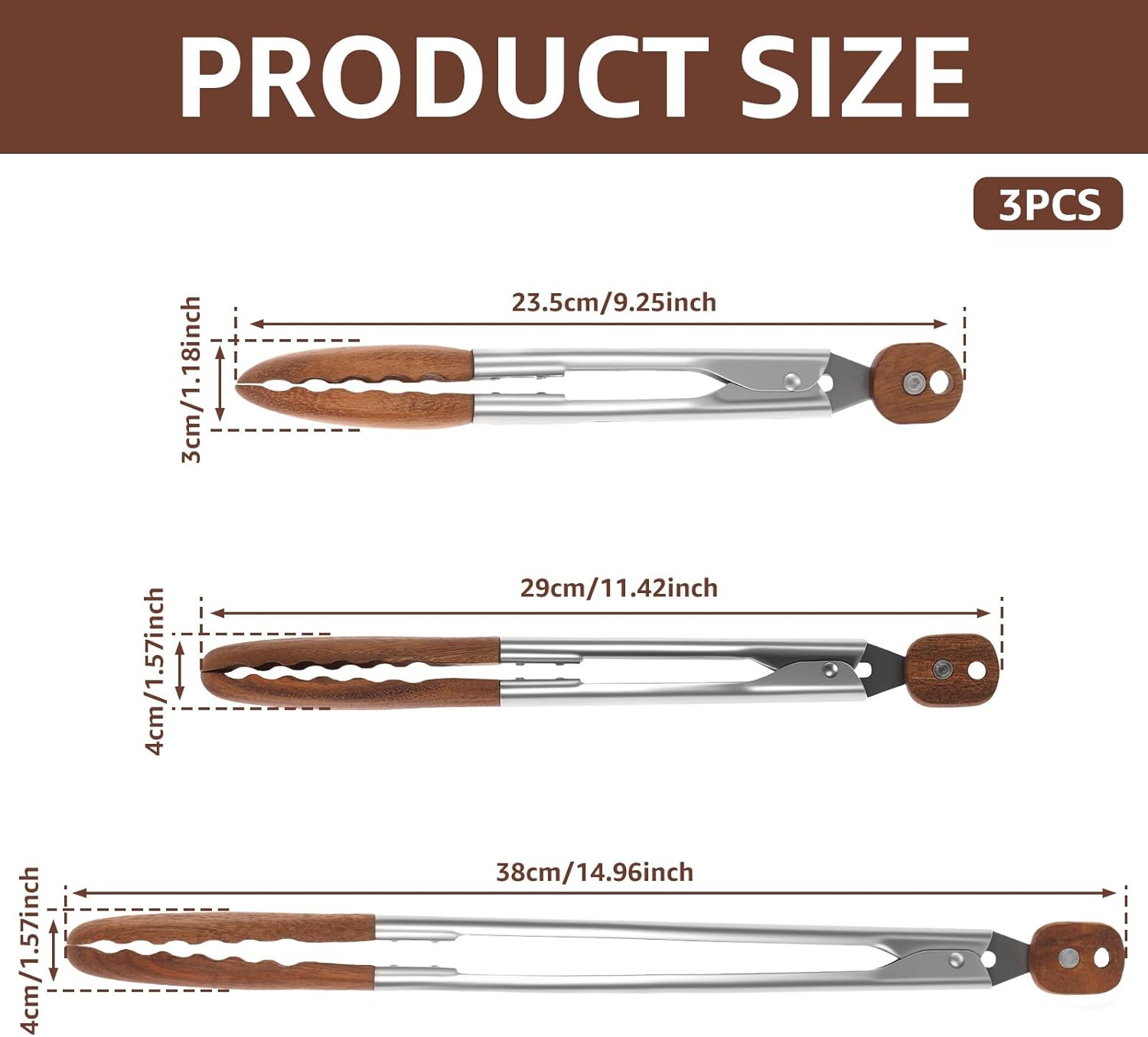 Wooden Tongs for Cooking, 15 & 11.5 & 9 Inch Kitchen Salad Utensils Tongs with Hanging Hole and Pull Lock, Heat Resistant Ergonomic BBQ Food Tong for Restaurant Home Kitchen image number 1