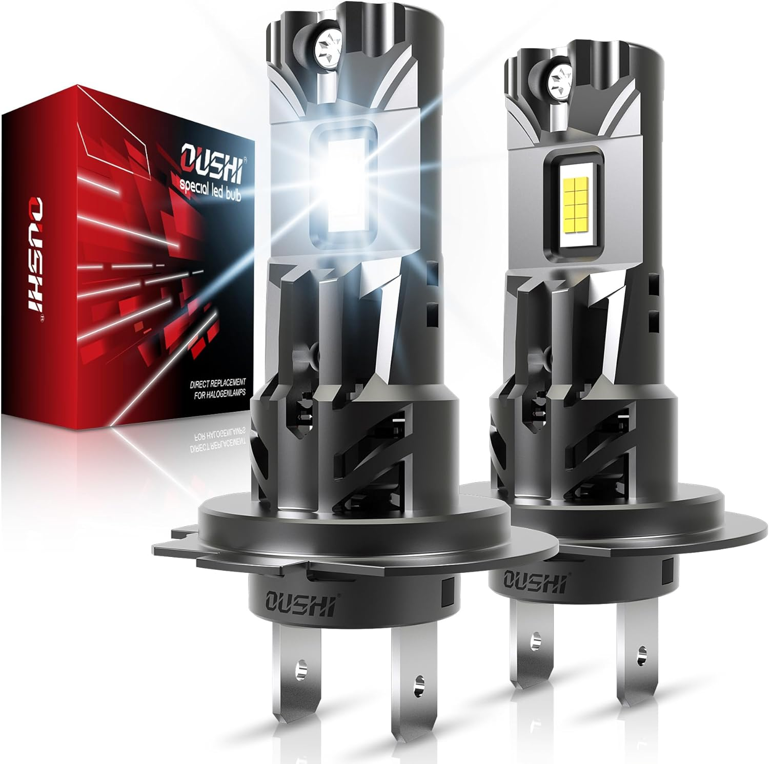 H7 LED Headlight Bulb, OUSHI 500% Brighter 6000K Xenon White 20000LM H7 Headlight Bulb Conversion Kit Wireless Plug and Play No Adapter Required 1:1 Mini Size H7 Bulb, 2Pcs image number 4