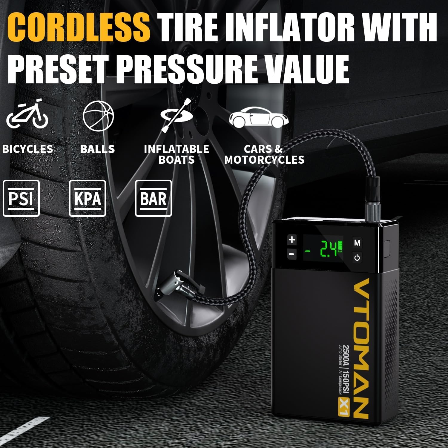 VTOMAN X1 Jump Starter with Air Compressor, 2500A Portable Battery Booster (Up to 8.5L Gas/6L Diesel Engines) with 150PSI Digital Tire Inflator, 12V Power Pack Car Jump Box Charger with LCD Display image number 1