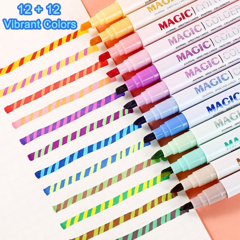 SAYEEC Magic Color Changing Markers, 12 Vibrant Colors Amazing Magic Highlighters, Double Sided Fun Fluorescent Drawing Marker Pens for DIY Cartoon Diary, Note Taking, Coloring Book, 3D Lettering - 12 Pcs image number 2