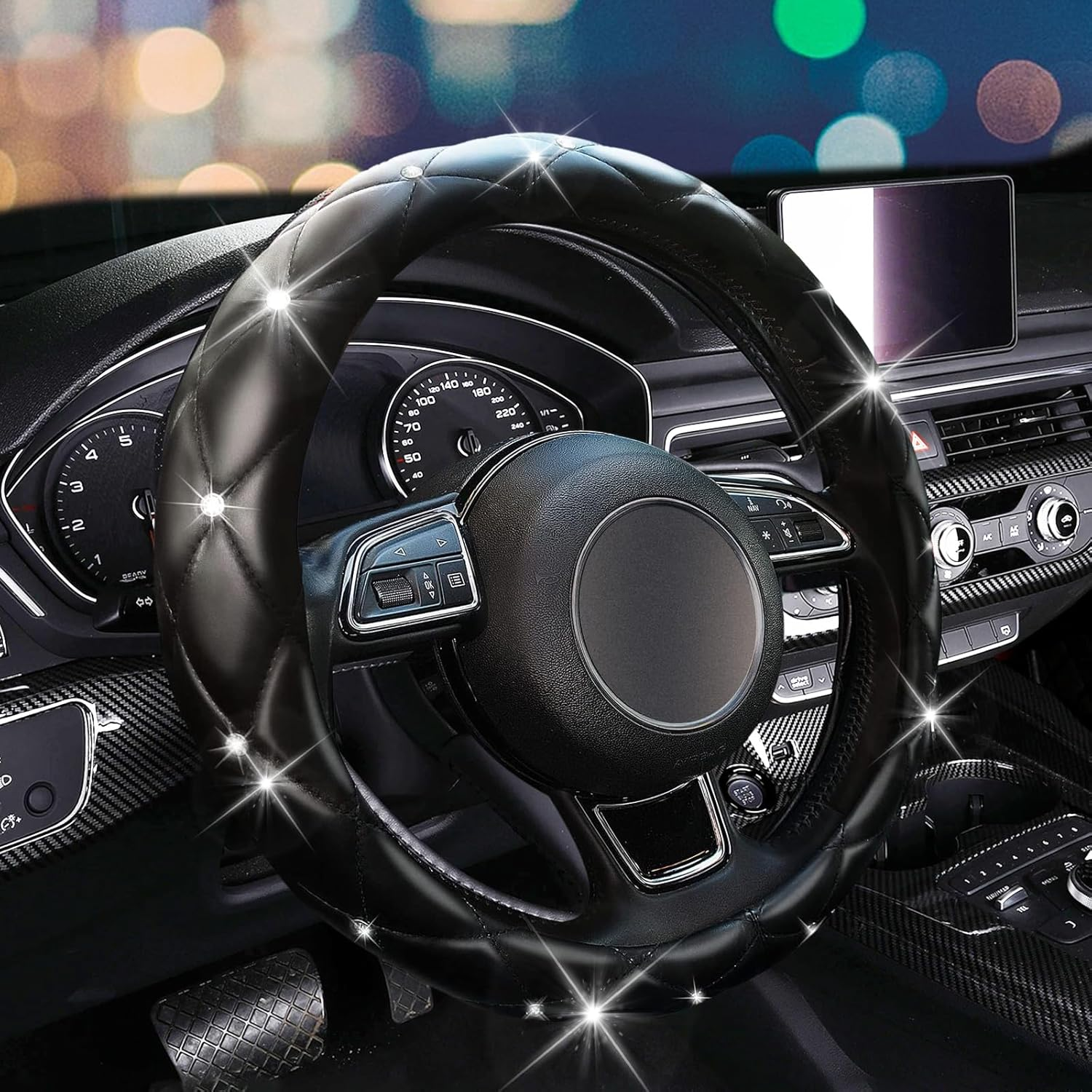 Superkaka Black and Gold Steering Wheel Cover, Auto Cute Diamond Bling Soft Comfort Leather Car Interior Accessories Protector Sparkly Fit Most O-Shaped Steering Wheels