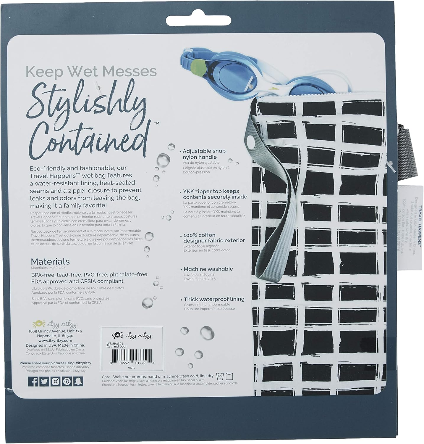 Itzy Ritzy Sealed Wet Bag with Adjustable Handle &ndash; Washable and Reusable Wet Bag with Water Resistant Lining Ideal for Swimwear, Diapers, Gym Clothes & Toiletries; Measures 11&rdquo; X 14&rdquo;, Cats & Dogs image number 1