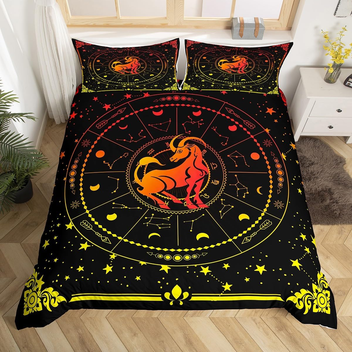 Homewish Capricorn Duvet Cover 155 X 220 Cm for Adults, Psychedelic Zodiac Sign Bedding Set, Constellations Sky Comforter Cover, Galaxy Stars Bed Set, Red Yellow image number 2
