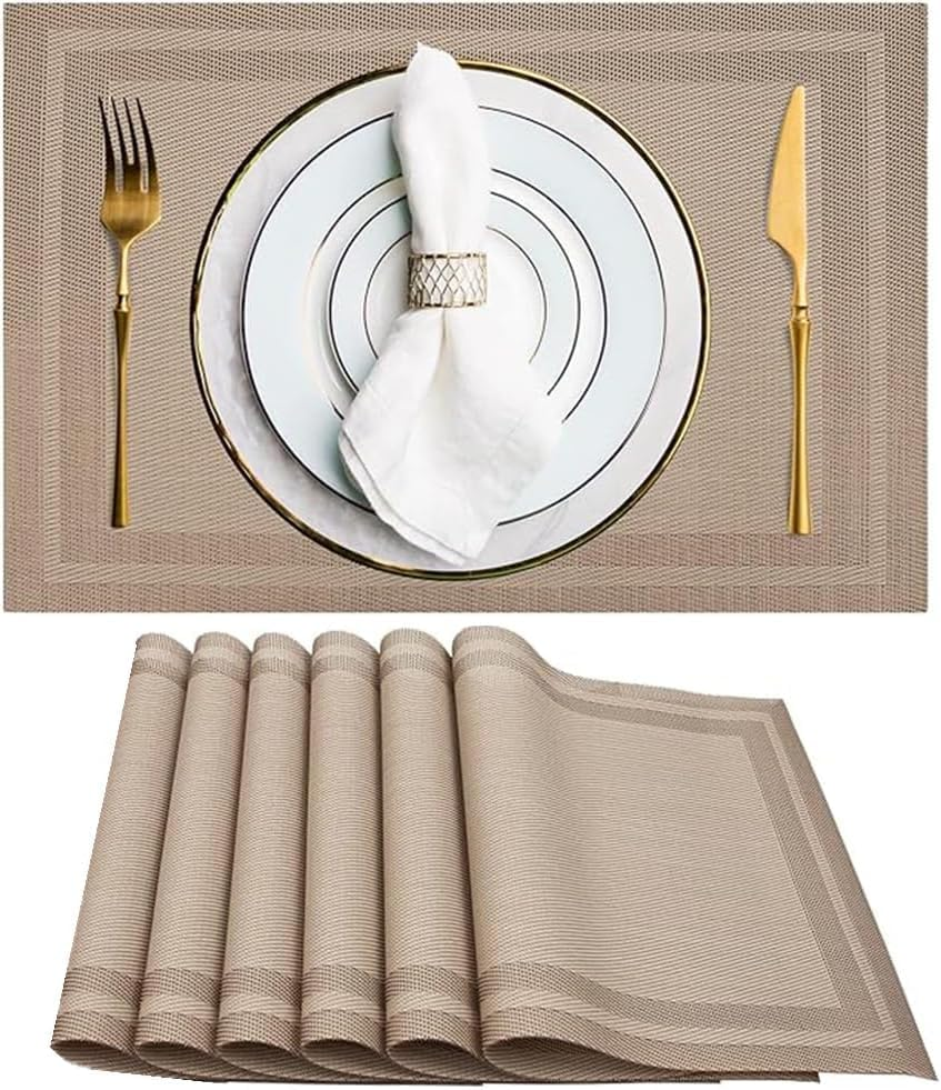 6 Piece Placemats, 11.8 X 13.7 Inches Non-Slip Crossweave Woven Vinyl Insulation Place Mat, Waterproof Washable Kitchen Table Mats for Restaurants Party Decoration (Champagne) image number 2