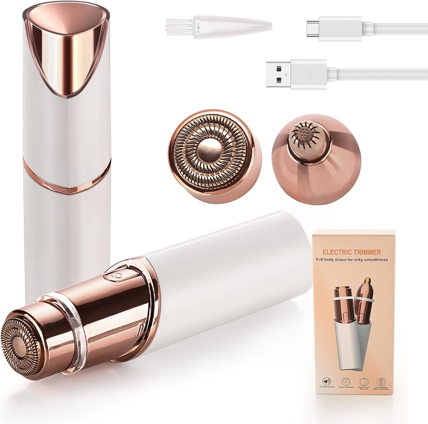 EDIMENS 2-In-1 Rechargeable Eyebrow Trimmer & Facial Hair Remover for Women - Painless Flawless Hair Removal with LED Light for Eyebrows, Lips, Nose & Body (Champagne)