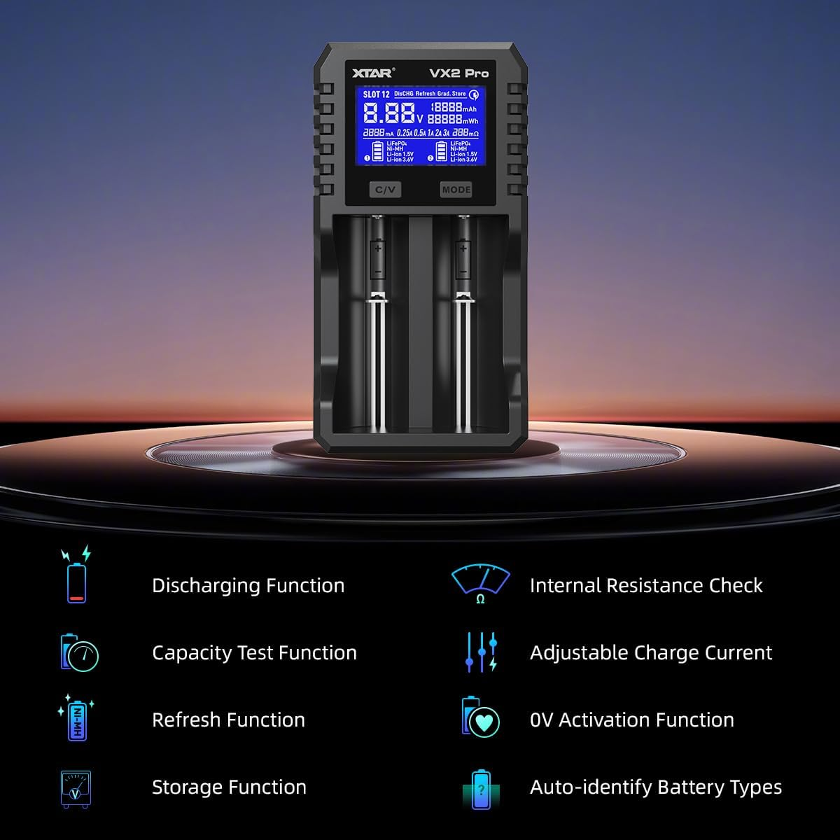 XTAR New VX2 Pro 2 Independent Slot Universal Battery Charger for 3.6/3.7V Li-Ion 1.5V Li-Ion&1.2V Ni-Mh AA AAA 3.2V Lifepo4 Batteries with Discharge/Store/Refresh Function (VX2 Pro) image number 1