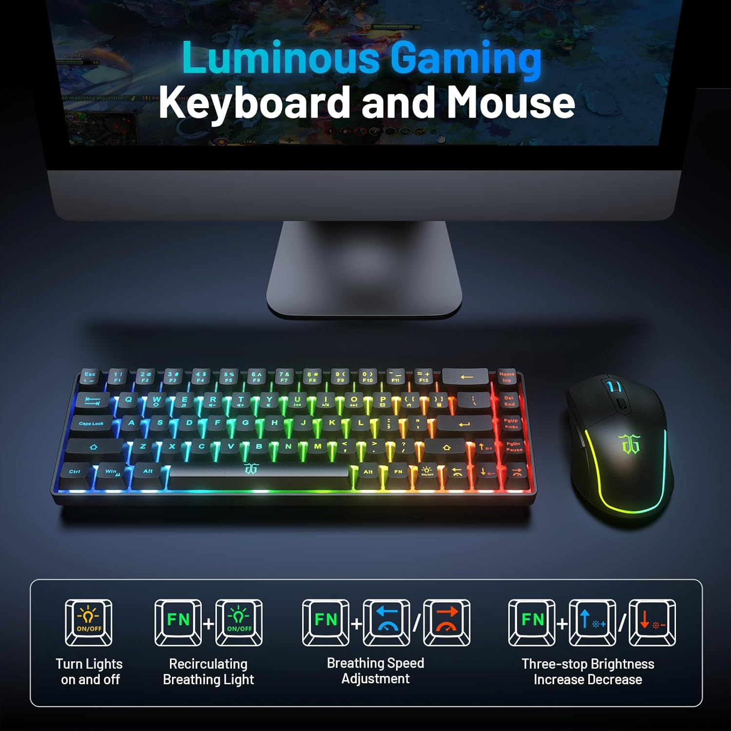 Snpurdiri 60% Wireless Gaming Keyboard and Mouse Combo,Led Backlit Rechargeable 2000Mah Battery,Small Membrane but Mechanical Feel Keyboard + Popular RGB Mice for Gaming,Business Office - Blue image number 3
