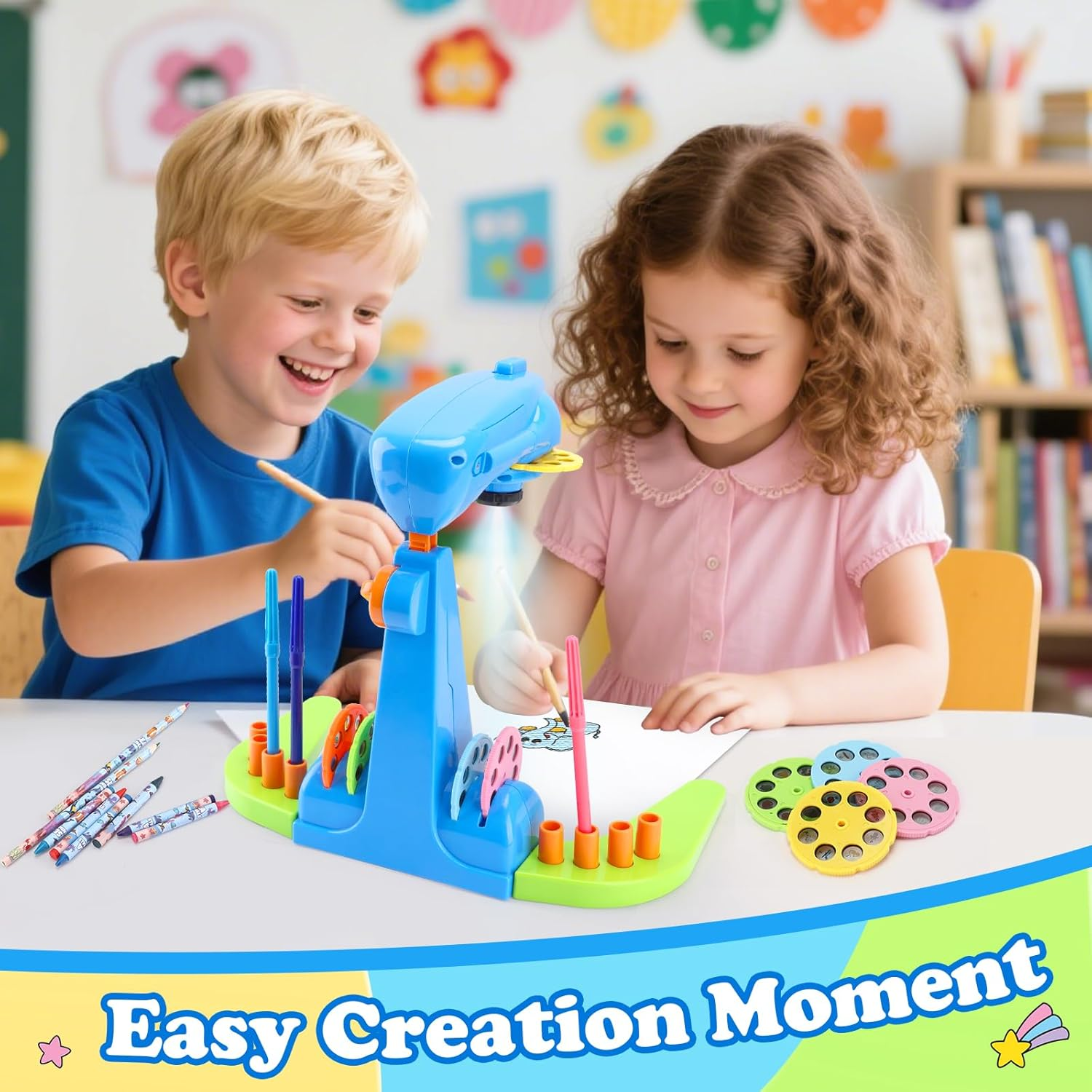 Kids Drawing Projector Kit - Complete Art & Craft Set for Girls Ages 3+ with Crayons, Stencils & Coloring Books (Blue) image number 3