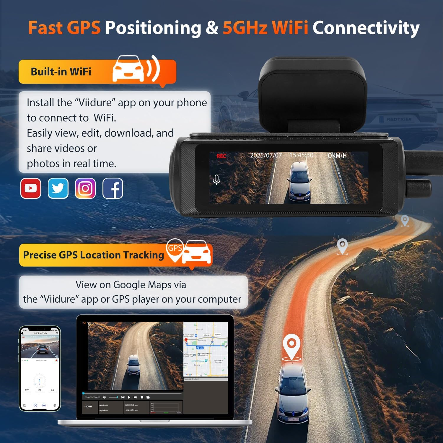 2025 Upgraded Dual 4K+1080P Dash Cam with 5Ghz Wifi & Built-In GPS, Includes 64GB SD Card, 2.99" Display, Hardwire Kit & Car Charger. 24H Parking Mode, Super Night Vision, App Control, Supports 256GB. image number 6