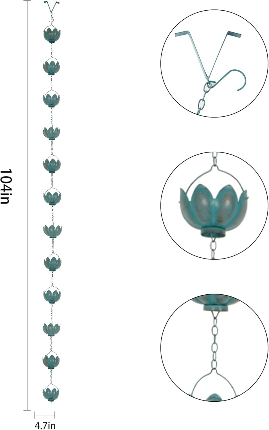 Topadorn 8.5 FT Rain Chain Iron Gutter Chains with 12 Rain Collector Thick Iron Flower Cups Garden Decoration,Lake Blue image number 5