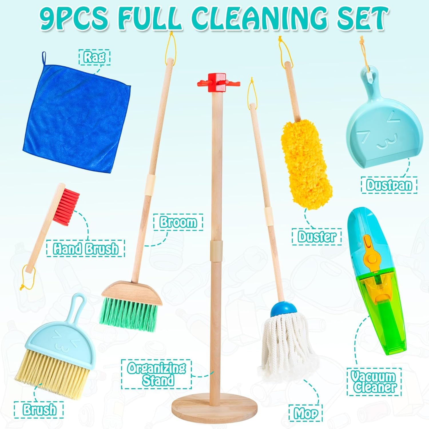 Kids Cleaning Set with Electric Vacuum Cleaners, Wooden Pretend Play Housekeeping Set, Toddler Cleaning Toys for Girls Boys Age 3+ image number 5