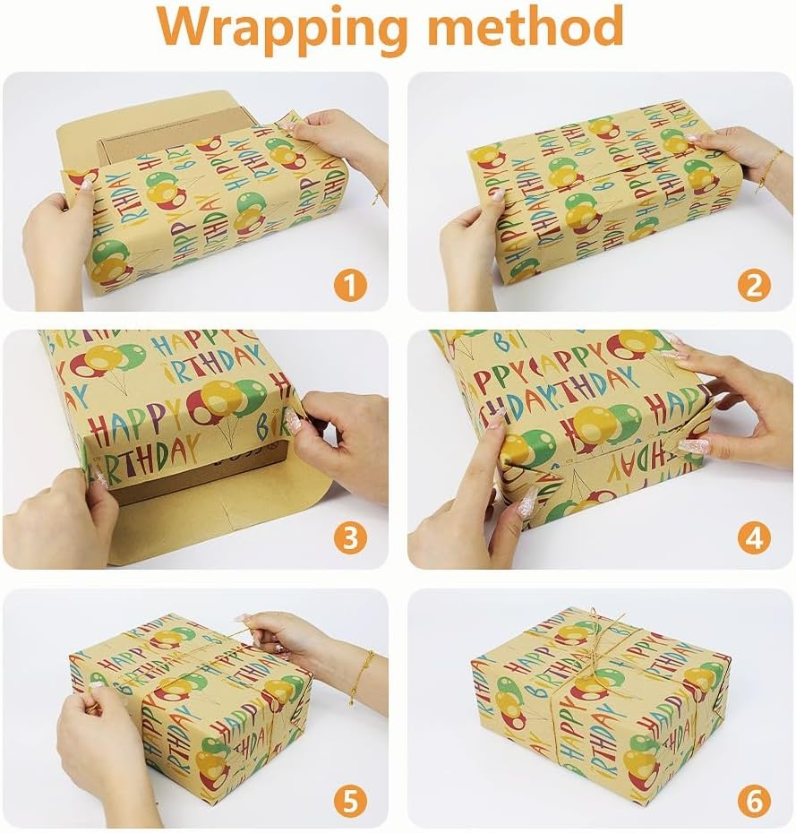 ZCOINS 8 Sheets Birthday Gift Wrapping Paper 70 X 50 CM with Hanging Tags Strings Tapes Recyclable DIY Present Wrapping Kraft Paper for Kids Women Men Birthday Baby Showers Kids Crafts Holidays image number 1
