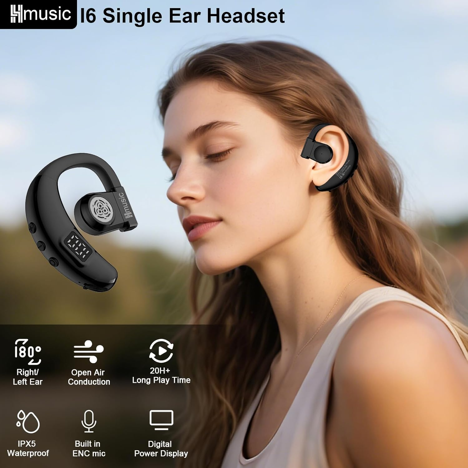 Hmusic I6 Bluetooth Earpiece, V5.4 Bluetooth Wireless Earphones with ENC Mic, 20H Playtime, Open Ear IPX5 Waterproof Headphones, 180&deg; Rotatable Mono Single Ear Headset for Business/Work/Drive, Black