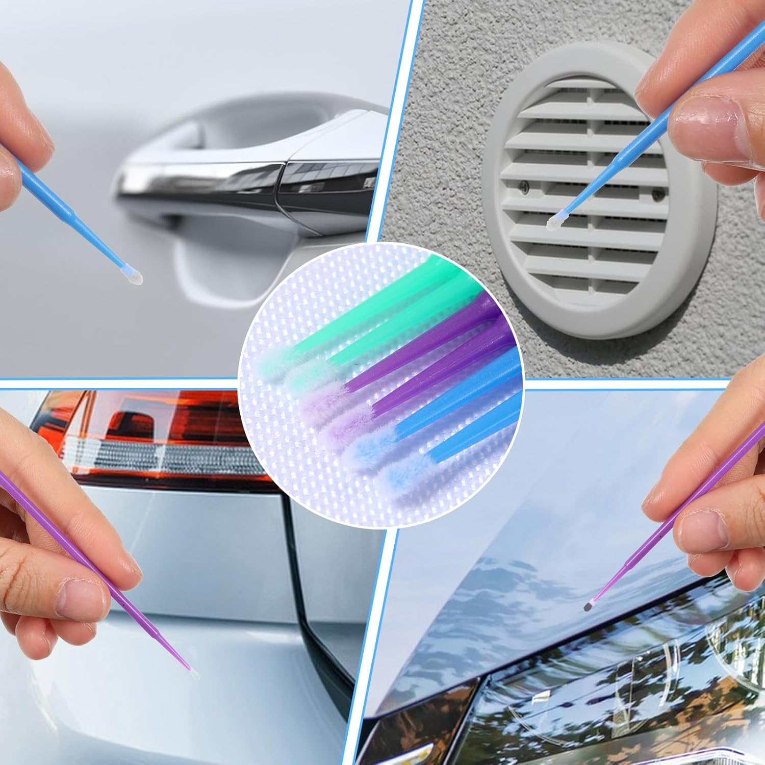 300Pcs Micro Applicator Brush,Touch up Paint Brushes for Automotive Paint Chip Repair Disposable, 3 Different Sizes of Micro Applicators 1.5Mm, 2Mm, 2.5Mm, Blue Green Purple