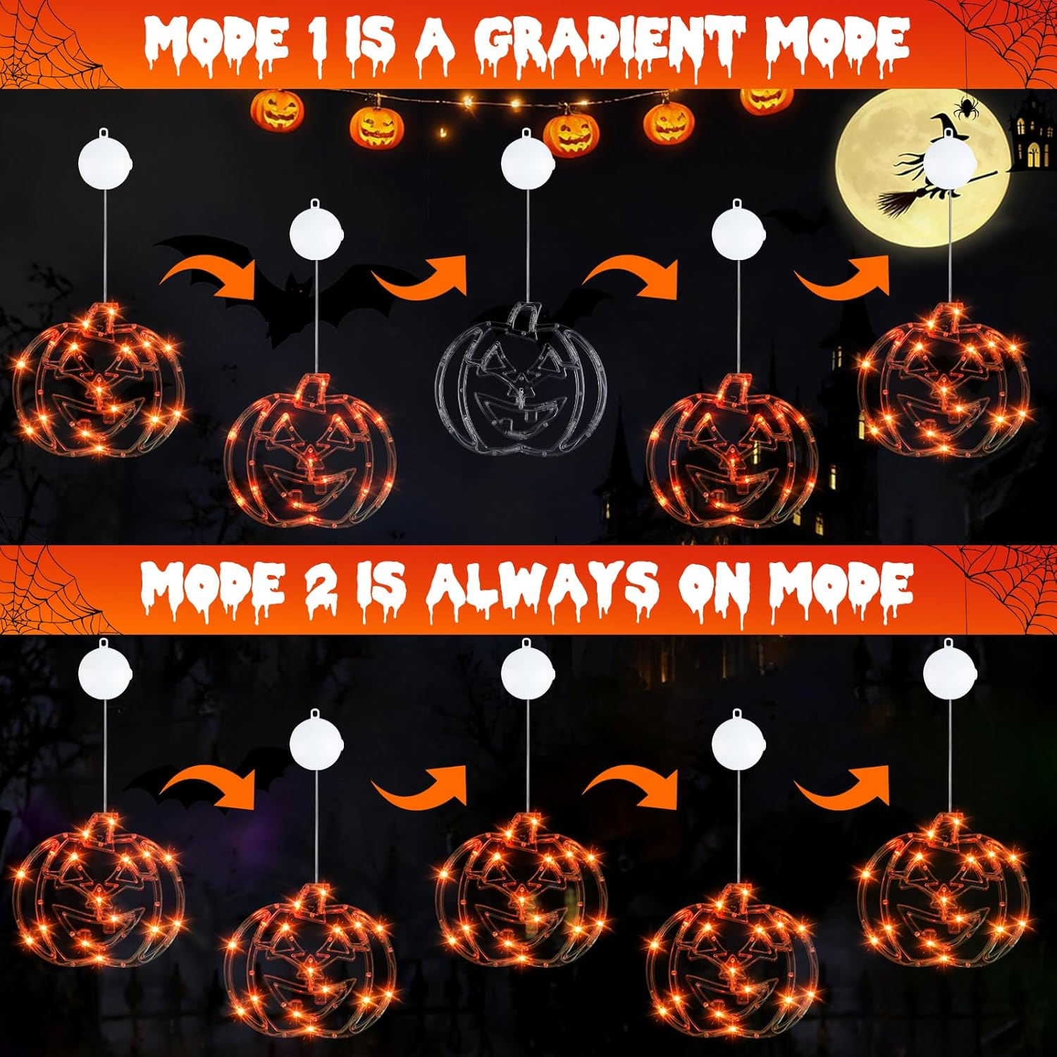 Wlicon 5 PCS Halloween Lights Decorations Green Spider Orange Pumpkin White Ghost Purple Witch Green Bat with Suction Cups and Battery Operated Halloween Lights with Timer for Window House Decoration image number 6