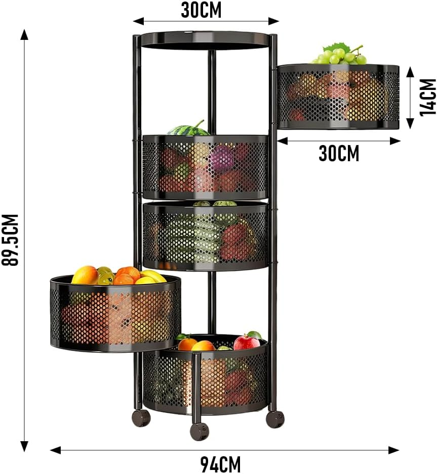 ALSTON 5 Layer Rotating Storage Trolley Kitchen Rolling Tiered Rack Stacking Organizer with 360 Swivel Lockable Wheels for Storing Fruit Vegetable Black image number 1
