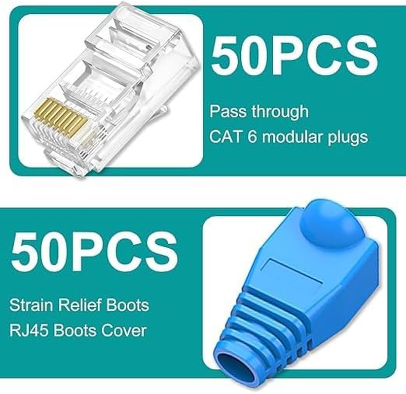 RJ45 All-In-One Crimp and Termination Toolcrimp Tool, 50 Pcs CAT6 Pass through Connectors and 50Pcs RJ45 Cat6 Protection Covers, 1 Network Wire Strippers (Blue-Green) - Blue-Green image number 6