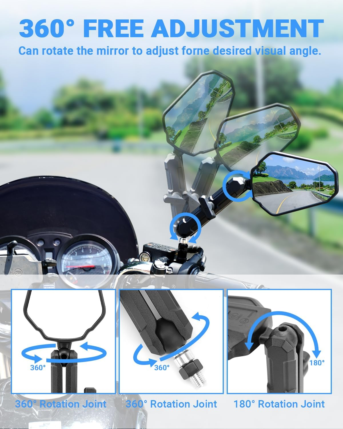 SUPAREE Universal Motorcycle Rear View Mirror Motorcycle Mirror Foldable Off-Road Motorcycle Mirror E-Approved 360&deg; Rotatable with Right Thread and Left Thread Compatible for Scooter ATV image number 3