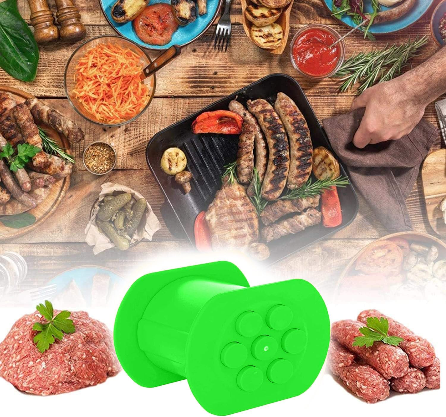 NIWWIN One Press Cevapcici Maker Hot Dog Maker Manual Sausage Maker with 7 Holes, DIY Homemade Meat Strip Squeezer, Making Delicious Stuffed Meat Filler Molds Kit Barbecue Grill Accessories (Orange)