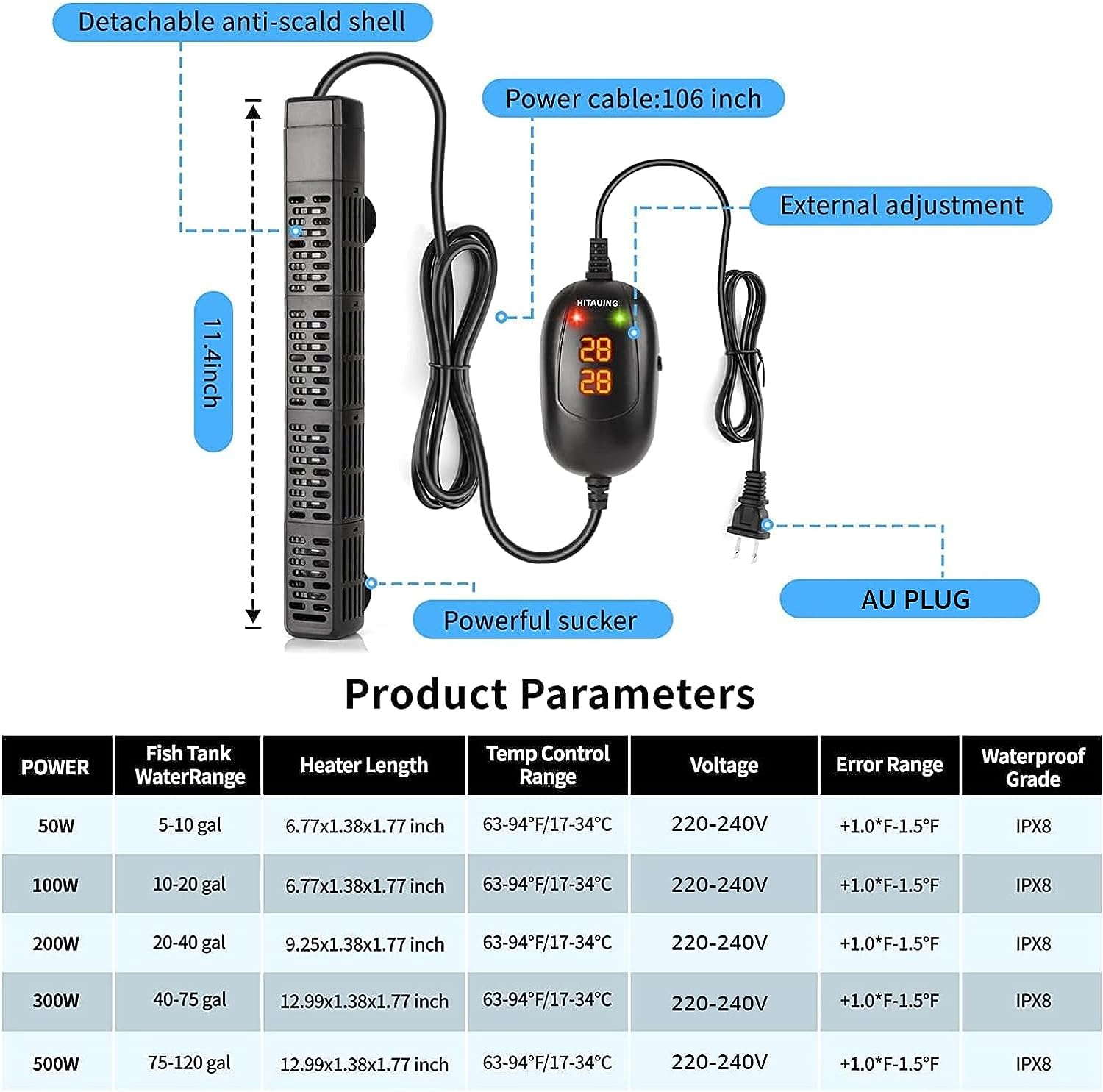 Hitauing 300W Aquarium Heater, 300W Submersible Fish Tank Heater with Over-Temperature Protection and Automatic Power-Off When Leaving Water for Saltwater and Freshwater (AU Plug Included) image number 5