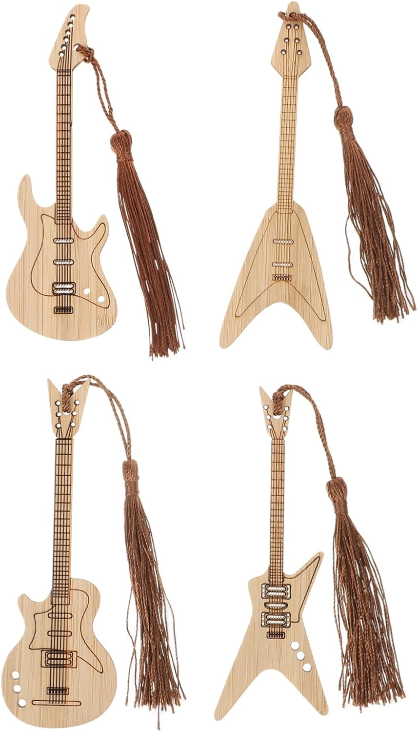 Tofficu 2Sets Bamboo Book Marks Creative Tassels Students Present Guitar Shapebookmark 4Pcs*2