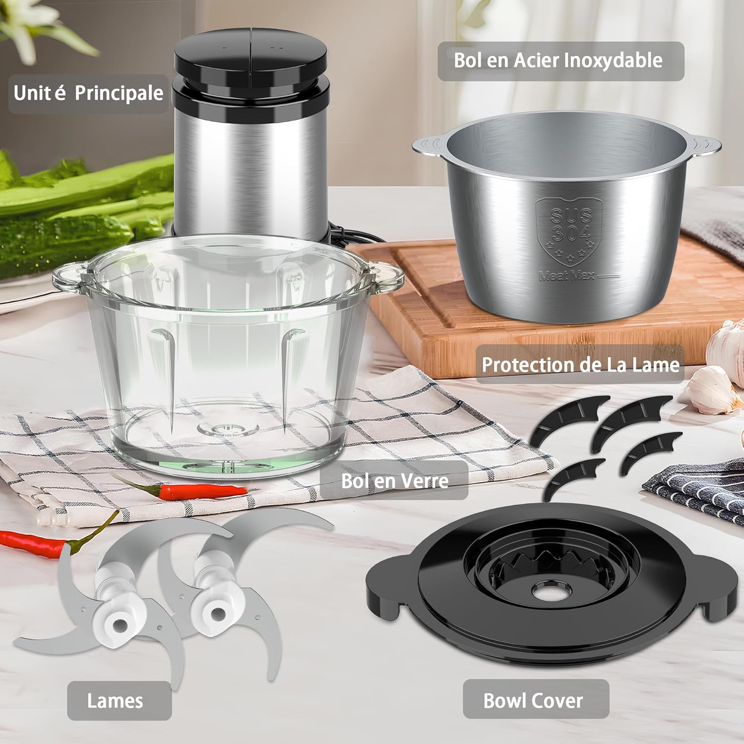 Becontrip Electric Kitchen Chopper [500W], Multi Chopper with 4 Stainless Steel Blades & 2L Double Bowl (Glass + Stainless Steel) - Food Processor for Baby Food, Meat, Vegetables, Onions (Copper Motor image number 3