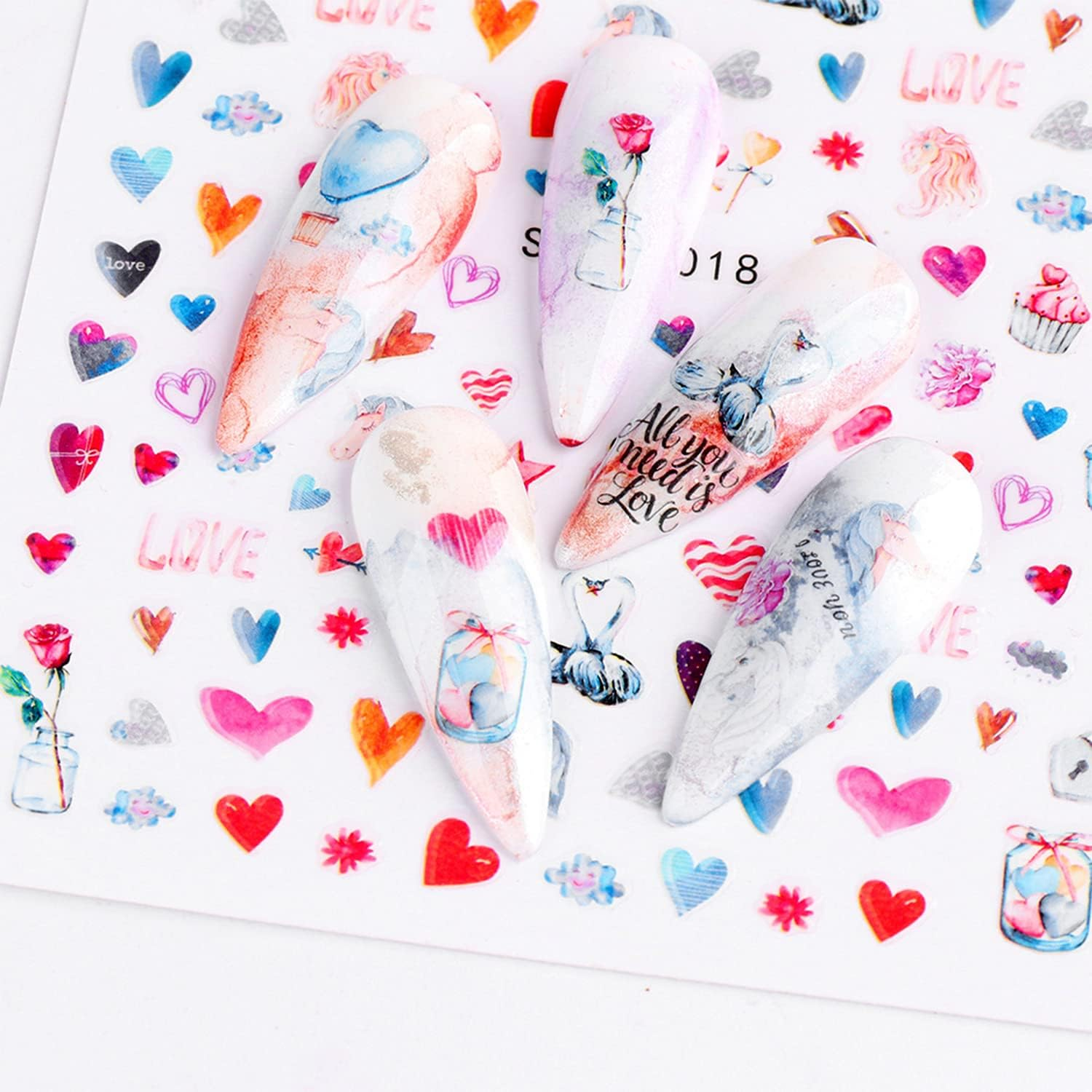 Love Heart Nail Art Stickers, Colorful Hearts Nail Decals 3D Self-Adhesive Nail Sticker Design Holographic Valentine'S Day Love Nail Art Supplies for Women Girls Manicure Charms Decoration(9 Sheets) image number 6