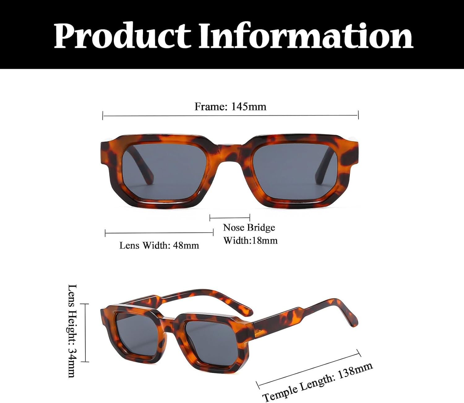 LJCZKA Vintage Rectangle Sunglasses for Women Men Retro Small Square Sunglasses Thick Frame with UV400 Protection